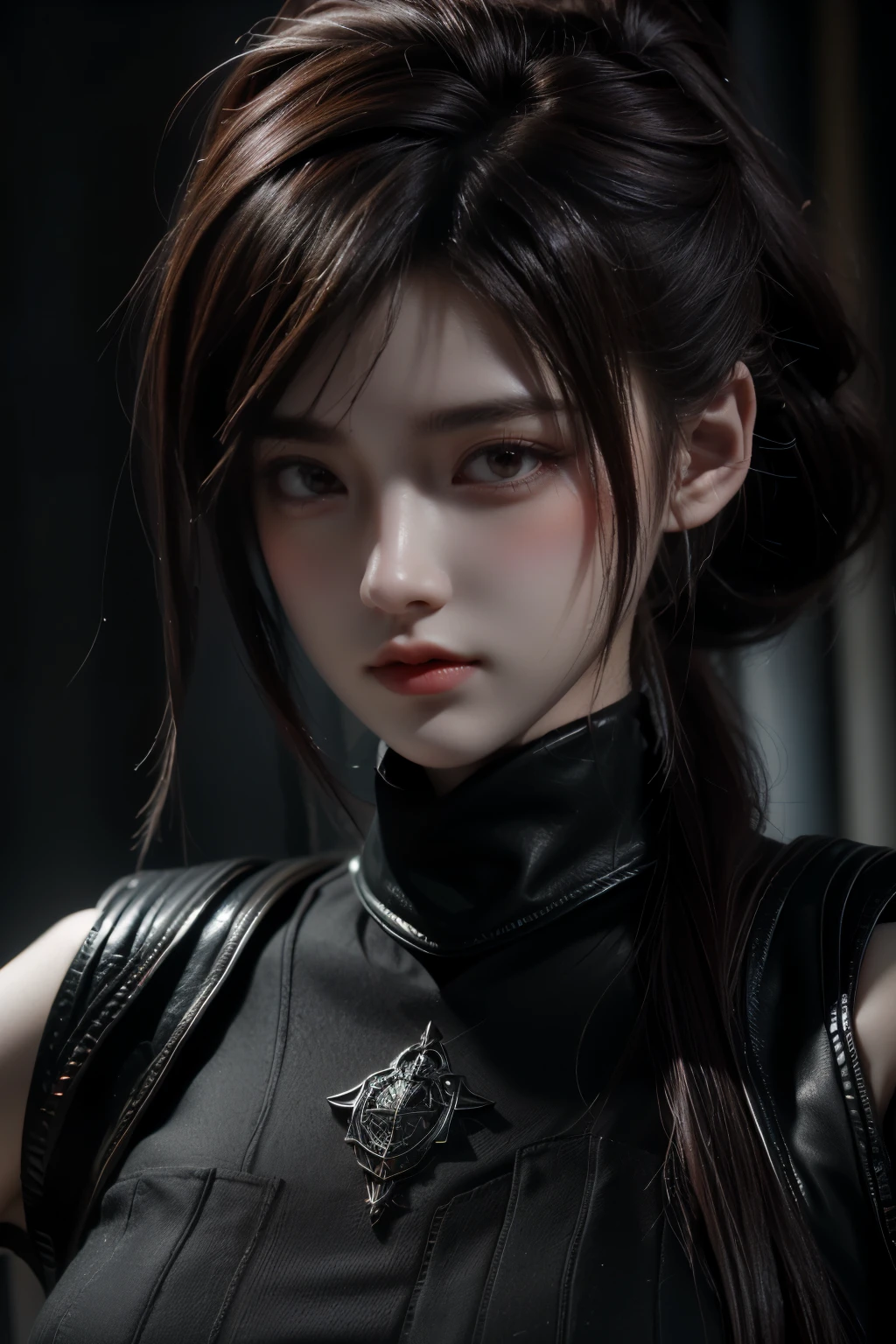 tmasterpiece,Best quality at best,A high resolution,8K,((Portrait)),(Head close-up),Original photo,real photograph,digital photography,(Female adventurers in the medieval fantasy style),(Fantasy-style bodysuit assassin),-yeld gi(Hair gradients of black and red),White ponytail hair,Red eyes,(Red and white gradient ponytail,The white),(Big breasts),An extravagant ornament,cparted lips,Keep your mouth shuegant and charming,((Frown)),Serious and arrogant,Calm and handsome,(Medieval fantasy leather armor,Joint Armor,Archer costume,A delicate pattern),((A slender figure)),Photo pose,medieval characteredieval fantasy style,City background at night,oc render reflection texture