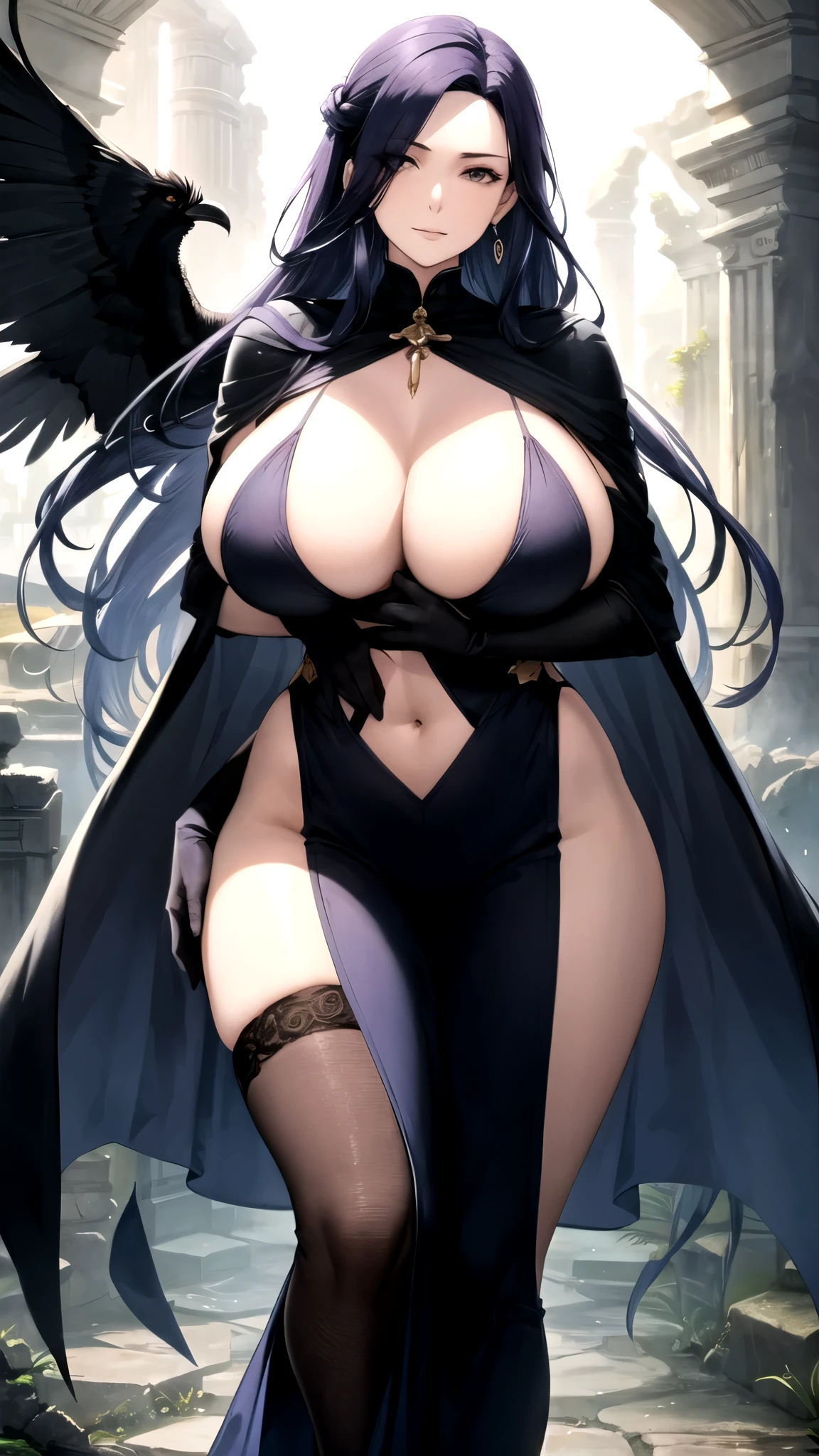 1female, woman wearing full bodystocking, necromancer, natural hair, flowing hair, raven, MILF, very large breast, mature female, gloves, earrings, navel focus, capes, Elegant body, curvaceous but thin, beautiful detailed eyes, otherworldly ruins, ancient ruins, fantasy, RPG, Dark atmosphere, masterpiece, best quality, milf, mature female, milfication