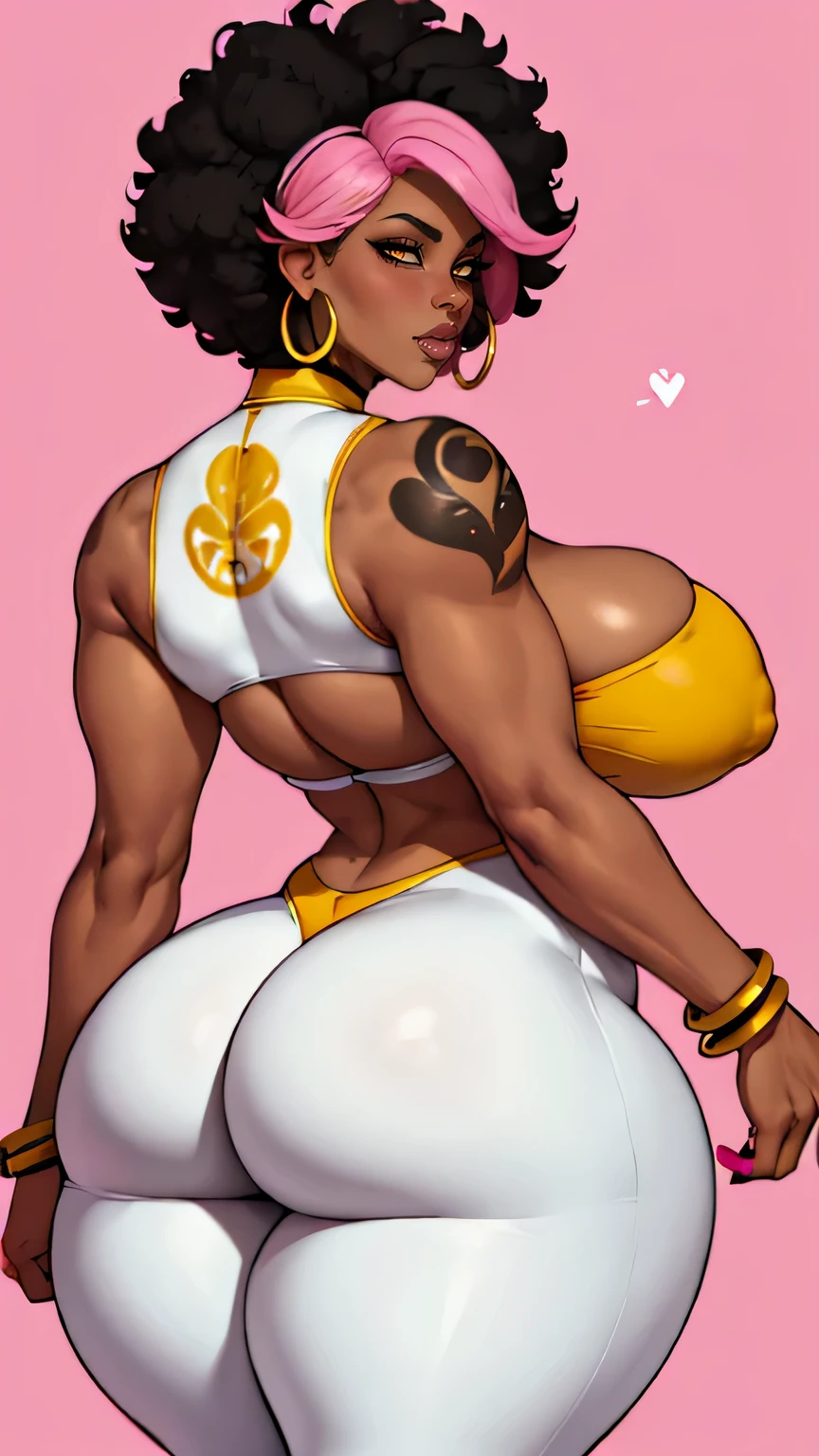 nicki minaj jewelry, thick thighs, wide hips, glossy lips,pink afro, small breast, milf, yellow eyes, white blank background, mature,black fingernails, mother, perky breasts, tomboy, ebony dark skin, luxury, tattoos, voluptuous, thick, buxom,pink pink leggings, mother, milf, wide hips,thick thighs,birthing hips, huge ass, back shot