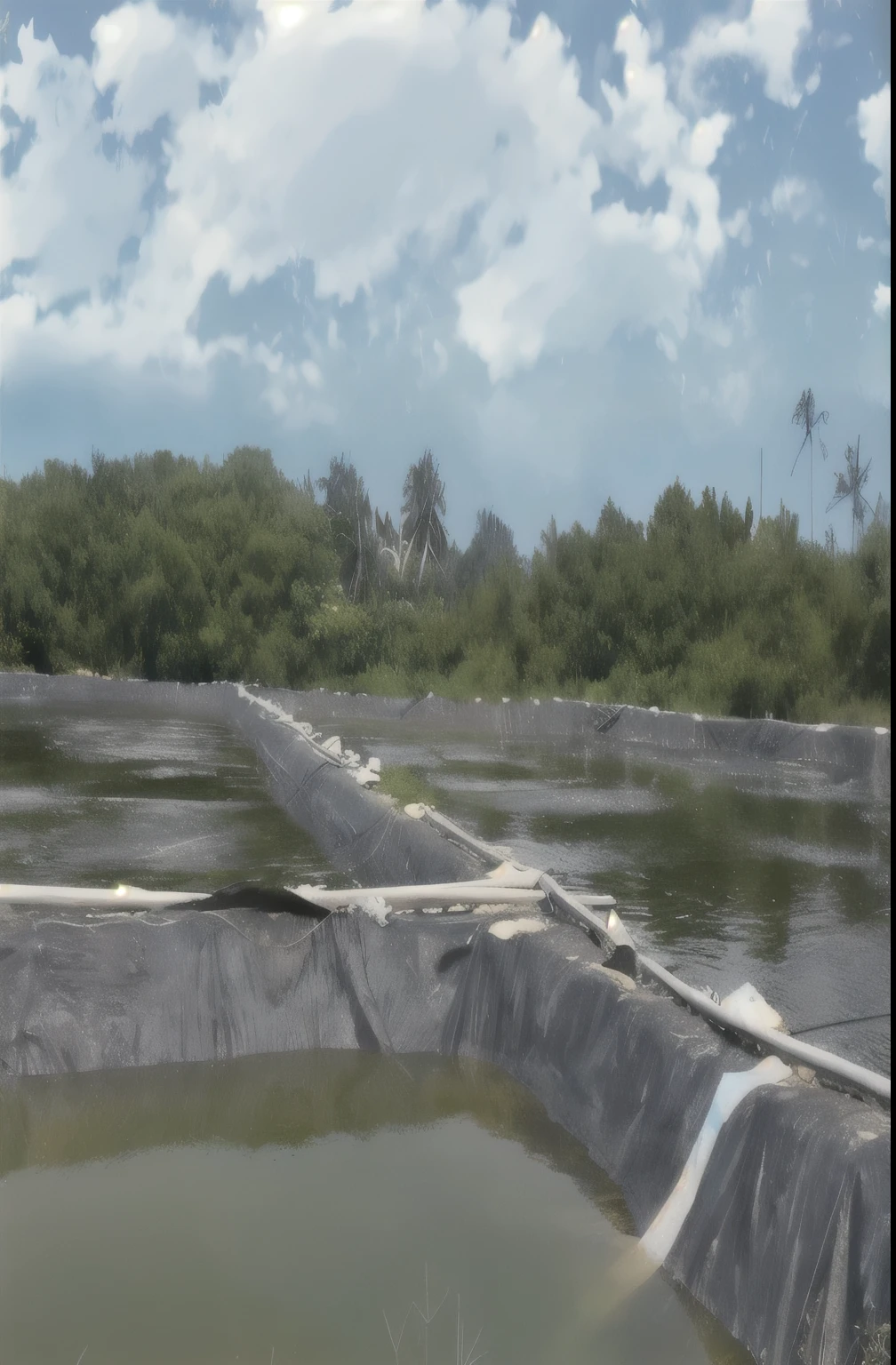 there is a pond with a lot of water and a fence, bioremediation, lagoon, the photo shows a large, water reservoir, dlsr photo, ponds, ponds of water, backdrop, portrait n - 9, environment, serene environment, biroremediation plant, looking partly to the left, pond, hdpe, beautiful image, promo image
