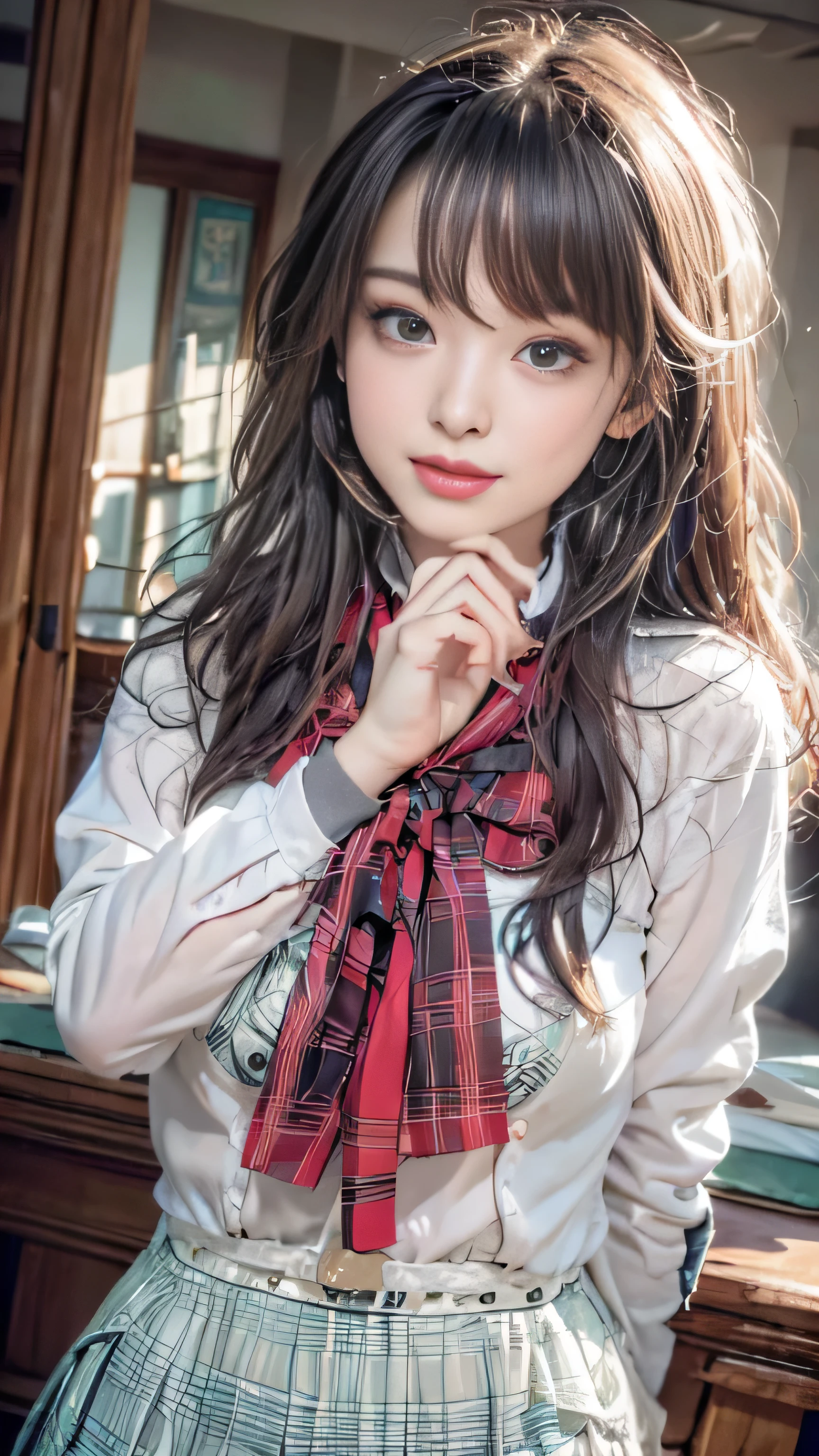 realistic, High resolution, soft light,1 female, alone, jewelry, Current school classroom,the biggest eyes,chest is low, long hair、((color々hair with color))(Super realistic)、(enlightenment)、(High resolution)、(8K)、(非常にbecome familiar with)、(best illustrations)、(fine and beautiful eyes)、(highest quality),(detailed face)、alone、1 girl in、looking at the viewer、become familiar with、detailed face、in the dark night、deep shadow、private key、Pure erotic face ace_、length、black shawl straight hair、46 point diagonal bangs,Female student、(white blazer、chest emblem)、translucent white blouse、red bow tie、( In bright colors,plaid)、,8K, highest quality, 超High resolution, table top, realistic, realistic, high contrast, photon mapping, real image, smile
