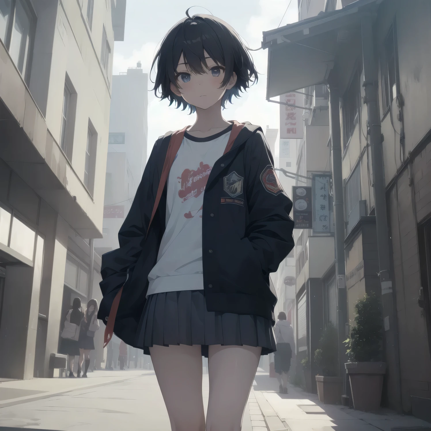 ultra-absurdres-Top quality by art God, ultra-detailed, high resolution, anime moe artstyle, best anime 8k konachan wallpaper, pixiv contest winner, perfect anatomy,break, 1girl, (Please draw a girl walking sleepily to school alone. )break,(Solo,little female, 13-year-old:1.3),Full limbs, complete fingers,a junior high school student, Attractiveness of immature bodies, (very short hair), short cut, flat chest, , small butt, small black eyes, beautiful detailed eyes, well-proportioned iris and pupils, expressive eyes, highres detailed hair, soft expression, school_uniform, pleated skirt,(Detailed Lighting), (Detailed background), in the School commute route. break,super detailed skin, Best cinematic lighting powered by famous artist, 8k,beauty illustration,photoshop_(medium),very aesthetic,break,((artist:core )), artist:fukahire_(ruinon) ,artist:akinashi yuu ,artist:oyari ashito ,