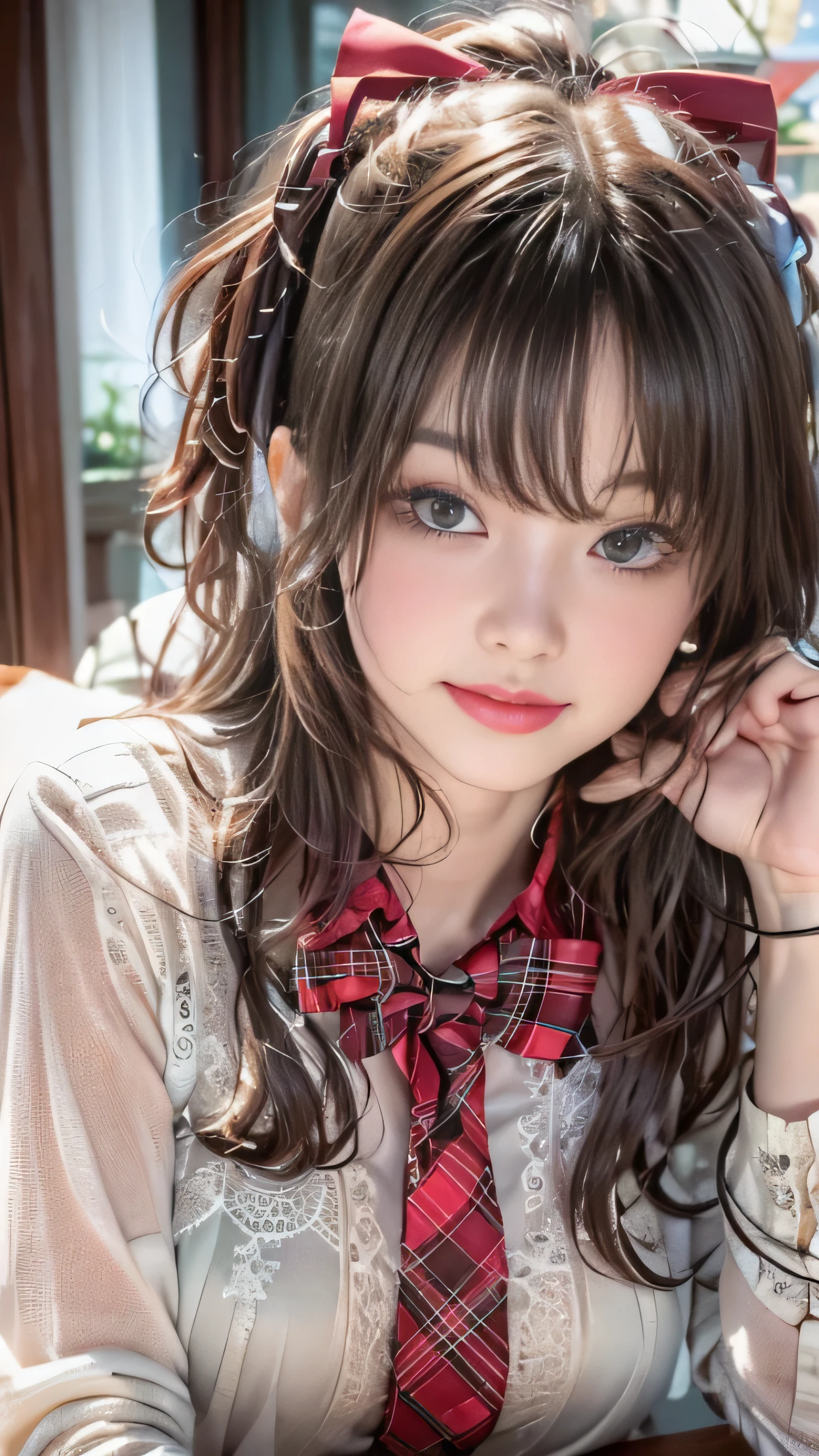 realistic, High resolution, soft light,1 female, alone, jewelry, Current school classroom,the biggest eyes,chest is low, long hair、((color々hair with color))(Super realistic)、(enlightenment)、(High resolution)、(8K)、(非常にbecome familiar with)、(best illustrations)、(fine and beautiful eyes)、(highest quality),(detailed face)、alone、1 girl in、looking at the viewer、become familiar with、detailed face、in the dark night、deep shadow、private key、Pure erotic face ace_、length、black shawl straight hair、46 point diagonal bangs,Female student、(white blazer、chest emblem)、translucent white blouse、red bow tie、( In bright colors,plaid)、,8K, highest quality, 超High resolution, table top, realistic, realistic, high contrast, photon mapping, real image, smile