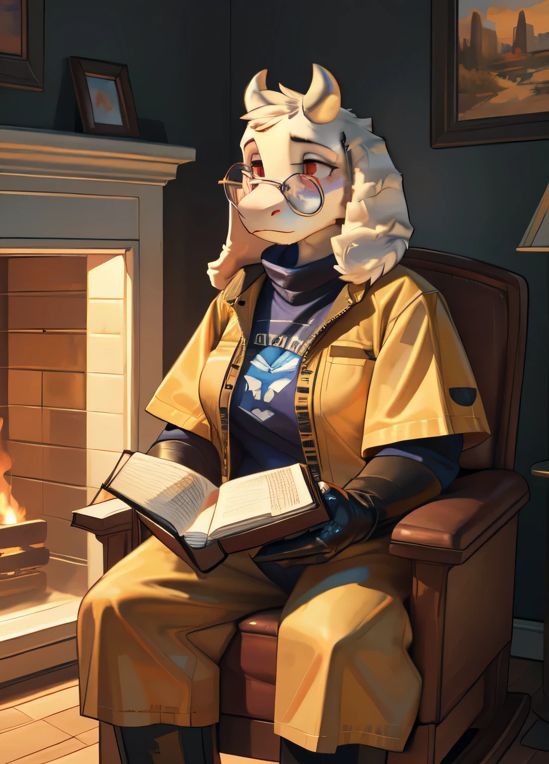 [toriel], [Undertale], [Uploaded to e621.net; (Pixelsketcher), (wamudraws), (woolrool)], ((masterpiece)), ((HD)), ((high quality)), ((solo portrait)), ((front view)), ((furry; anthro)), ((detailed fur)), ((detailed shading)), ((beautiful render art)), ((intricate details)), {anthro goat; white fur, white nose, cute maroon eyes, (short eyelashes), (short goat antlers), short fluffy tail, (large boobs), (gorgeous hips), (expressionless)}, {(yellow hazmat suit), (glass air helmet), (black gloves), (black boots), (black rune on chest), (round glasses on face)}, {(sitting in rocking chair), (legs crossed), (reading book), (looking down)}, [background; (living room), (yellow walls), (orange wood floor), (fireplace), (ambient lighting)]