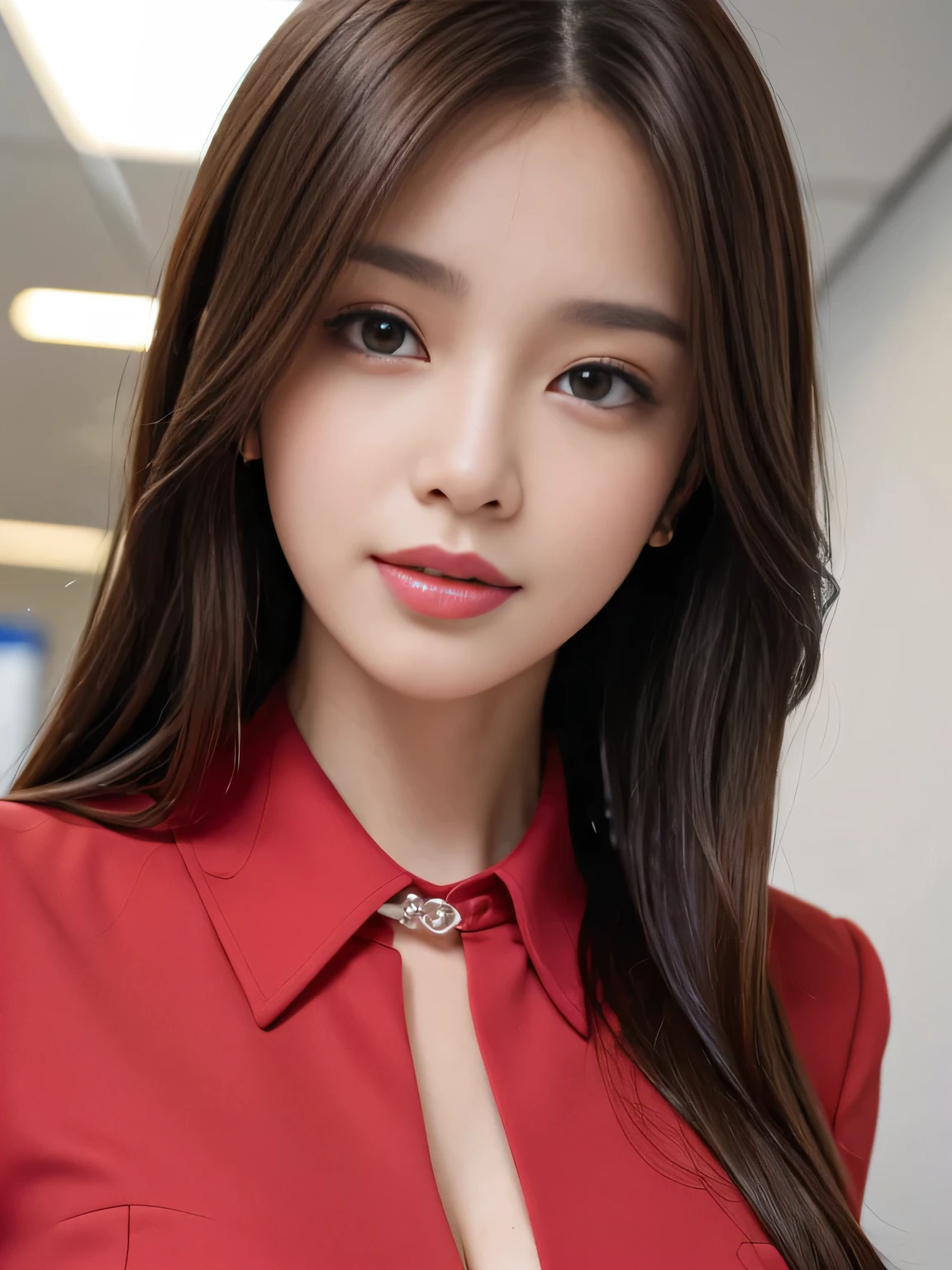 highest quality, realistically, Super detailed,  High resolution, 8k wallpaper, 1 beautiful woman, Pink wet lips, light brown messy hair, Please wear a red office suit and a short skirt, lock focus, perfect dynamic composition, beautiful eyes, delicate hair, Detailed realistically skin texture, smile, close-up portrait, model body shape, In a nostalgic office, blurred background, (full body shot), take pictures from a distance,black collared shirt、