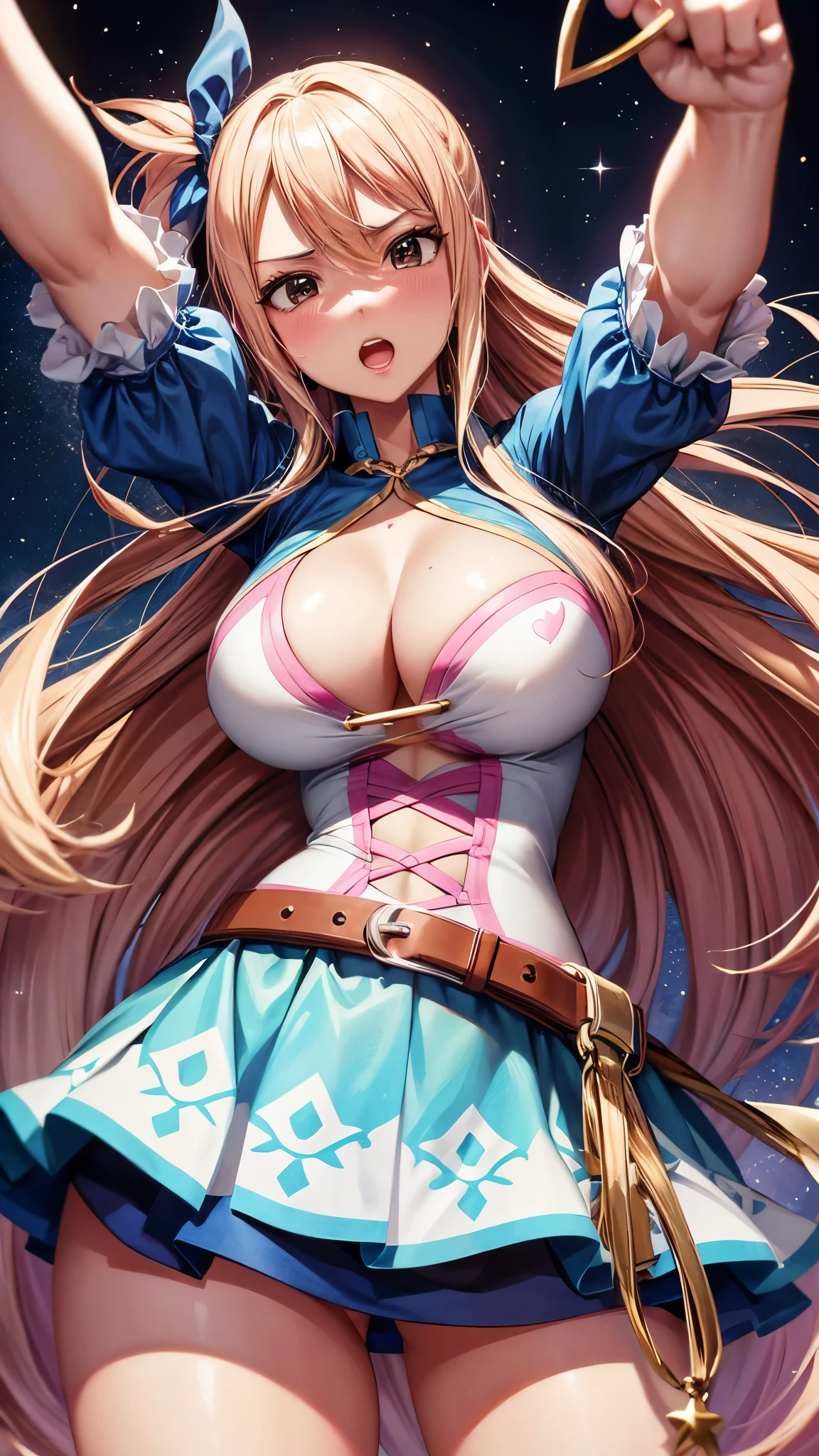 anime fairy tail, personaje lucy hearfilia, pelo rubio, rostro hermoso, pecho grande, trasero grande, Curvaceous Body, calidad, 4k, adolescente, atractiva, wear a belt that, Holds both the miniskirt and her star spirit keys, and a whip with a heart-shaped end. La marca de miembro del gremio se encuentra en el dorso de su mano derecha y es de color rosa. Es una chica con ojos marrones, es rubia y que suele cambiar la forma en que peina su cabello, like most of the female characters in the series, has a large chest. Unlike almost all the other characters, no siempre usa el mismo tipo de ropa, aunque tiene un atuendo especifico, el que usa siempre al terminar la saga. His clothes practically change in all the sagas. Sin embargo, ella siempre wear a belt that, holds both the miniskirt and her Celestial Spirit keys, and a whip with a heart-shaped end. La marca de miembro del gremio se encuentra en el dorso de su mano derecha y es de color rosa. Sus (supuestas) medidas son: pecho 89 cm, cintura 60 cm, cadera  cm.