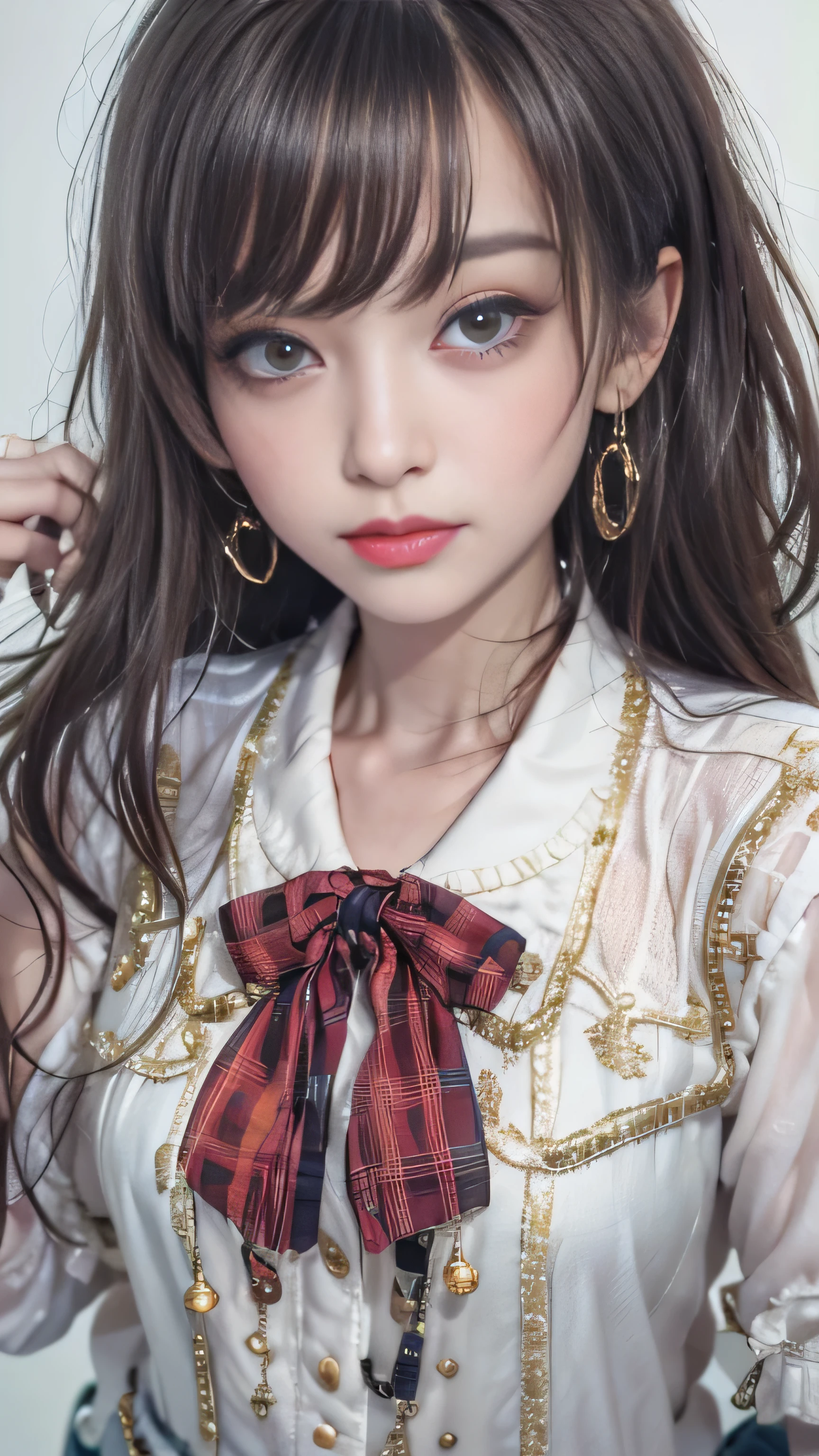 realistic, High resolution, soft light,1 female, alone, jewelry, Current school classroom,the biggest eyes,chest is low, long hair、((color々hair with color))(Super realistic)、(enlightenment)、(High resolution)、(8K)、(非常にbecome familiar with)、(best illustrations)、(fine and beautiful eyes)、(highest quality),(detailed face)、alone、1 girl in、looking at the viewer、become familiar with、detailed face、in the dark night、deep shadow、private key、Pure erotic face ace_、length、black shawl straight hair、46 point diagonal bangs,Female student、(white blazer、chest emblem)、translucent white blouse、red bow tie、( In bright colors,plaid)、,8K, highest quality, 超High resolution, table top, realistic, realistic, high contrast, photon mapping, real image, smile