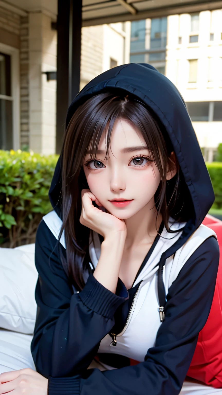 Pokemon, Pokemon, brown hood, hood, 1 girl, highest quality, outdoor, High resolution, cute, lying on the cute bed,