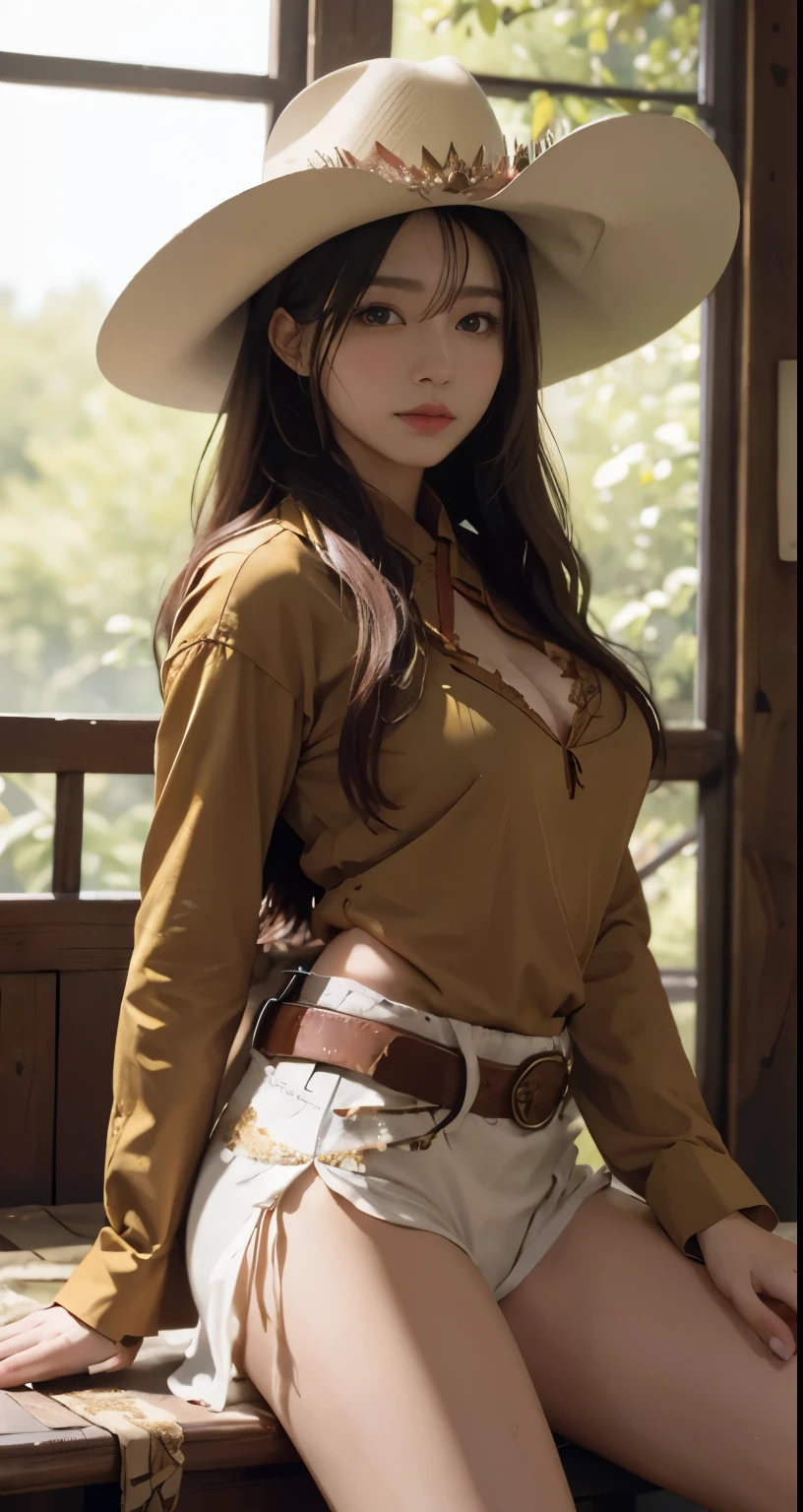 western cowboy style,photography,best quality, realistic, photorealistic, intricate details, (delicate detailed), (intricate details), cinematic light, best quality Backlights, clear line, 8k,ultra high res, wearing thong on bottom,nude,show tits