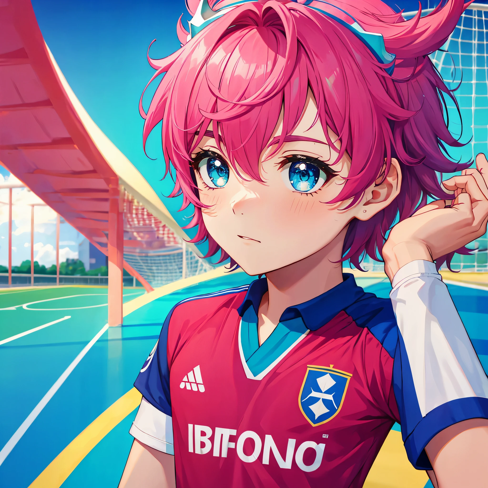 (solo,1boy, masculino),(soccer uniform),aquamarine eyes, Campo de futebol, (pink short hair), crown over the head