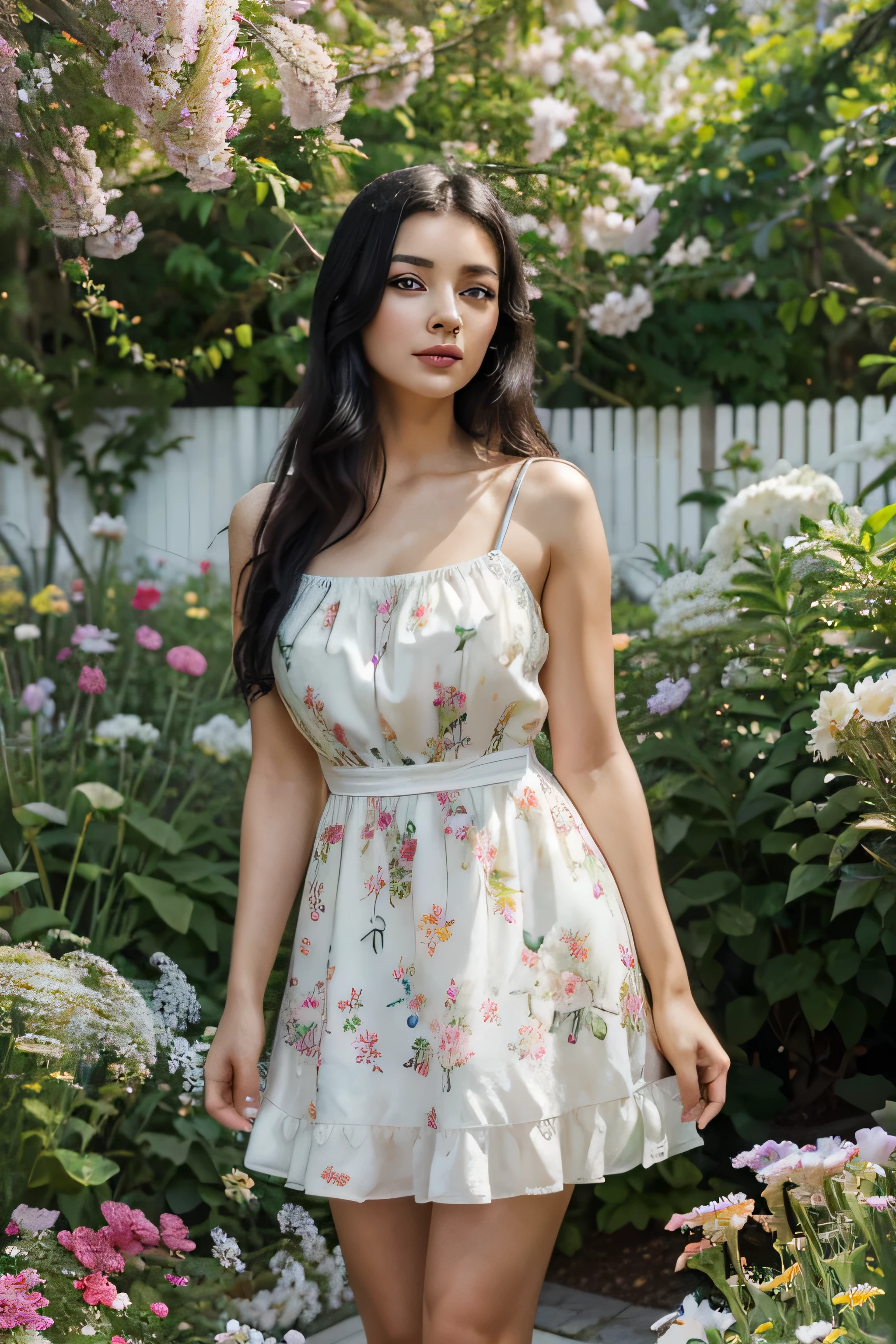 A girl with black hair, around 20 years old, in a garden, with a mixed media illustration, high image quality (best quality, 4k, highres, masterpiece:1.2), ultra-detailed, realistic:1.37, vibrant colors, soft lighting, detailed eyes and lips, flowing dress, standing gracefully, surrounded by blooming flowers and lush greenery.