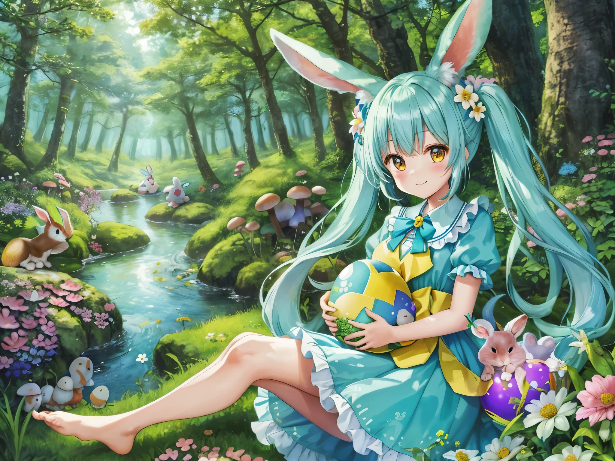 【best image quality】A fairyland full of flowers　light blue long hair、Cute girl with twin tails　A cute yellow chick at your feet　A lot of flowers are blooming　A cute rabbit brings a big easter egg　rabbit ears　Dynamic mode　In a forest full of flowers　Celebrating Easter with forest animals　cute red and white dress　adorable smile　in the forest　forest creatures　Usagi　squirrel　There are friends in the forest。　There are also mushrooms。Eared rabbit　barefoot　cute costumes　