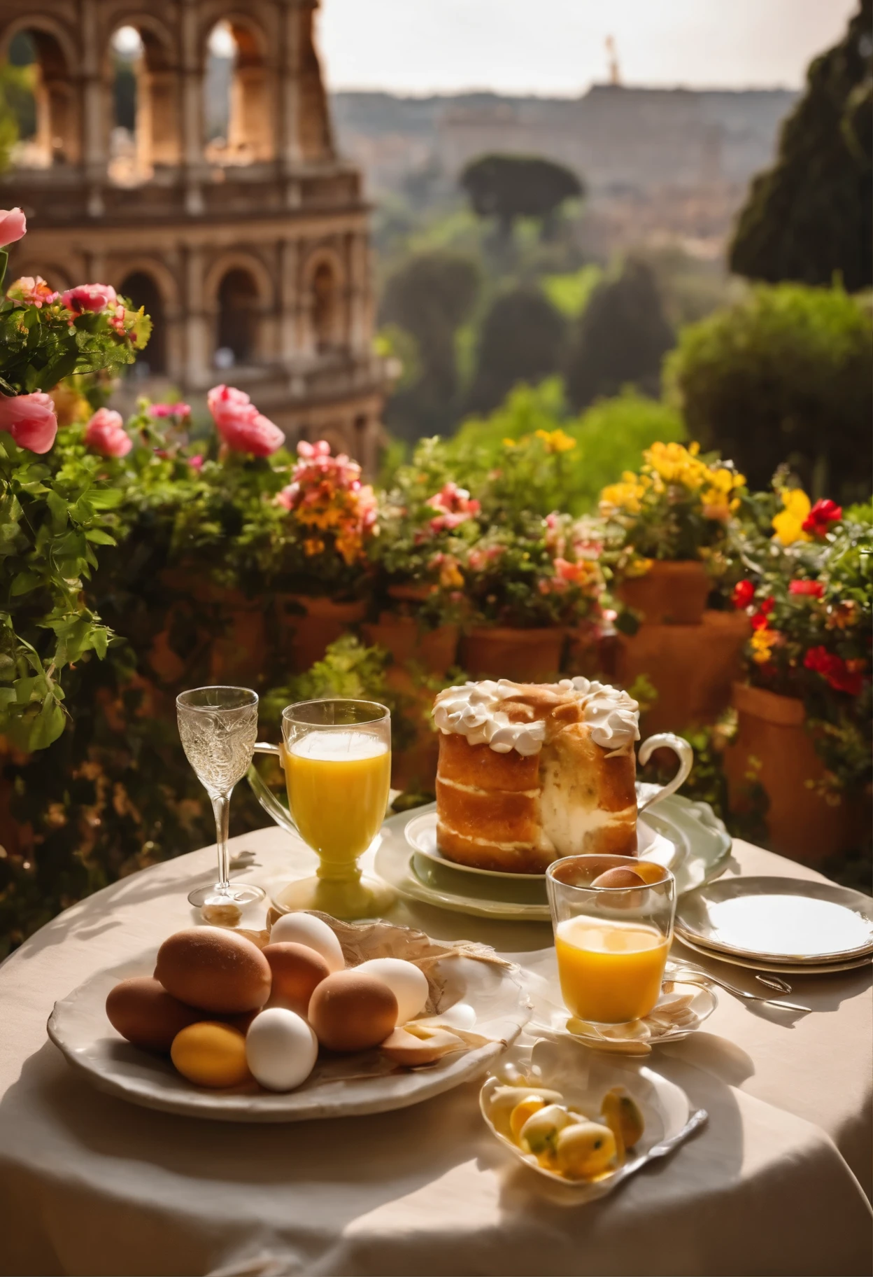 criar uma arte com o tradicional colazione di Pasqua, rome easter breakfast with green garden, flores, easter bunny and the colosseum in rome in the background