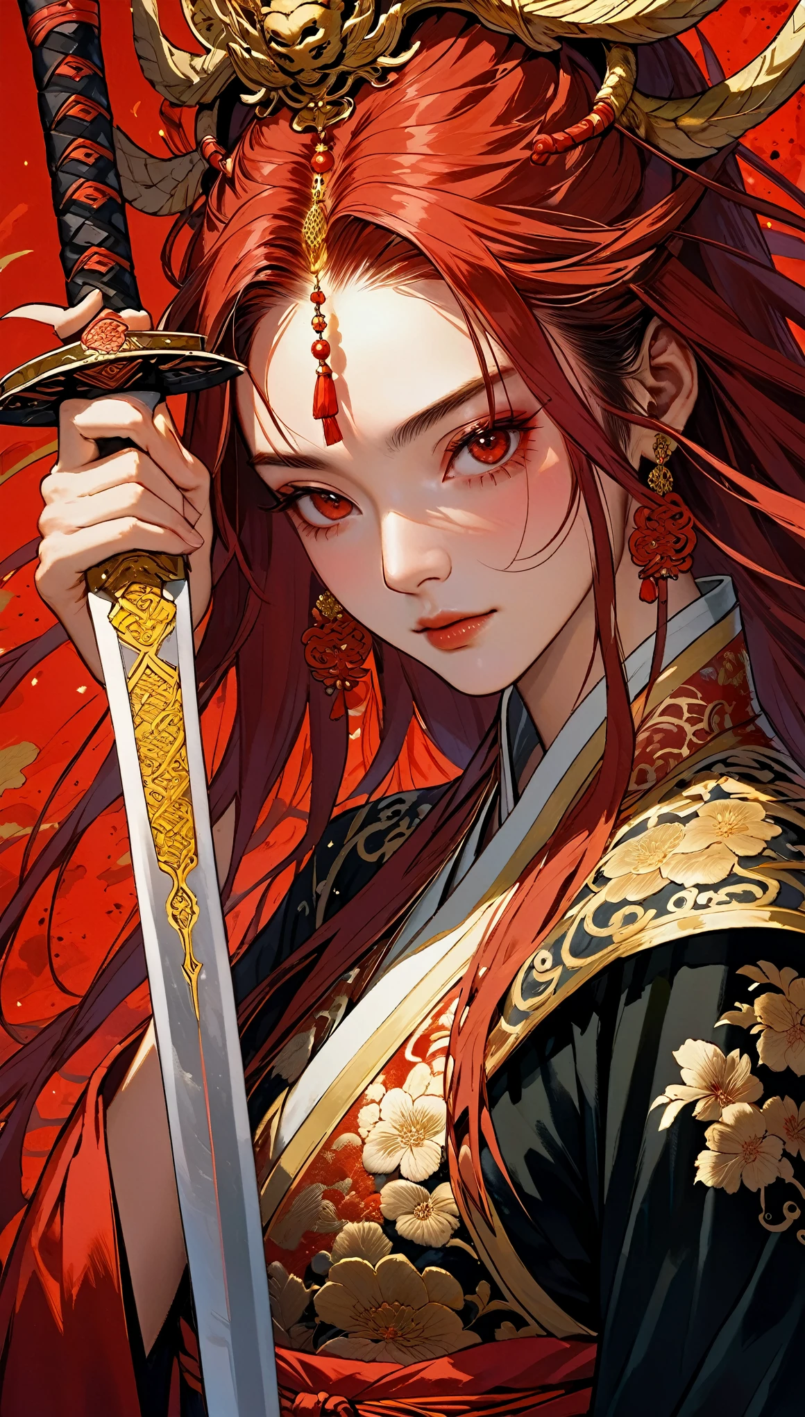 ((8K:1.4)), Impeccable, accuracy, (high resolution:1.2), (Very detailed), high quality, (masterpiece:1.8), ((Extreme close-up of huge sword blade)),(((Very detailed的中国少女面部特写肖像画))),The girl drew her sword,(hand holding sword hilt:1.5),Detailed hand structure for stability,bare shoulder,((Chinese bun)), (Long red hair), (Red iris:1.2),((anatomically accurate:1.6)),((90 degree vertical blade,Block half of the face vertically:1.5)), (((wide crimson blade:1.8))),(Close-up of part of the broad sword blade),Covering half of the face,,The blade and the face each occupy half of the frame,Incomplete artistic beauty,half face art,Red and black blood splatter background,Red-eyed,Red Chinese costume,gold embroidery,
