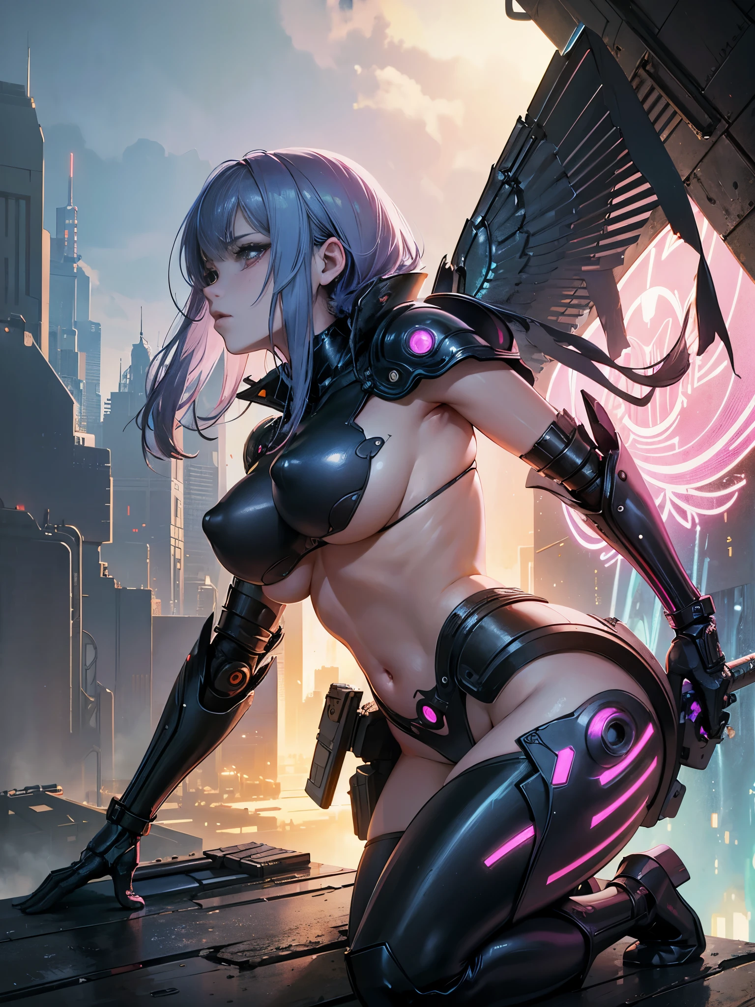 female cyborg,dynamic angle,NSFW,sniperbattle stance pose,side shot,fantasy,erotie,MILFstylishsy,big breasubic h,light color tone,pussy,Psychedelic costumes,armoyberpunk dystopian girl,fantasy dystopia,dystopian landscape,blade runner,ghost in the shell,realistic,Psychedelic and colorful tones,take a pose,gun,arm,table top,ultimate details,8K,detailed background,realistic,ultra high resolution,table top