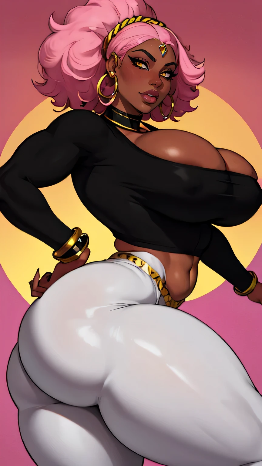 nicki minaj jewelry, thick thighs, wide hips, glossy lips,pink afro, small breast, milf, yellow eyes,underworld and pink shade background, mature,black fingernails, mother, perky breasts, tomboy, ebony dark skin, luxury, tattoos, voluptuous, thick, buxom, white leggings shorts, mother, milf, wide hips,thick thighs,birthing hips, huge giant ass,