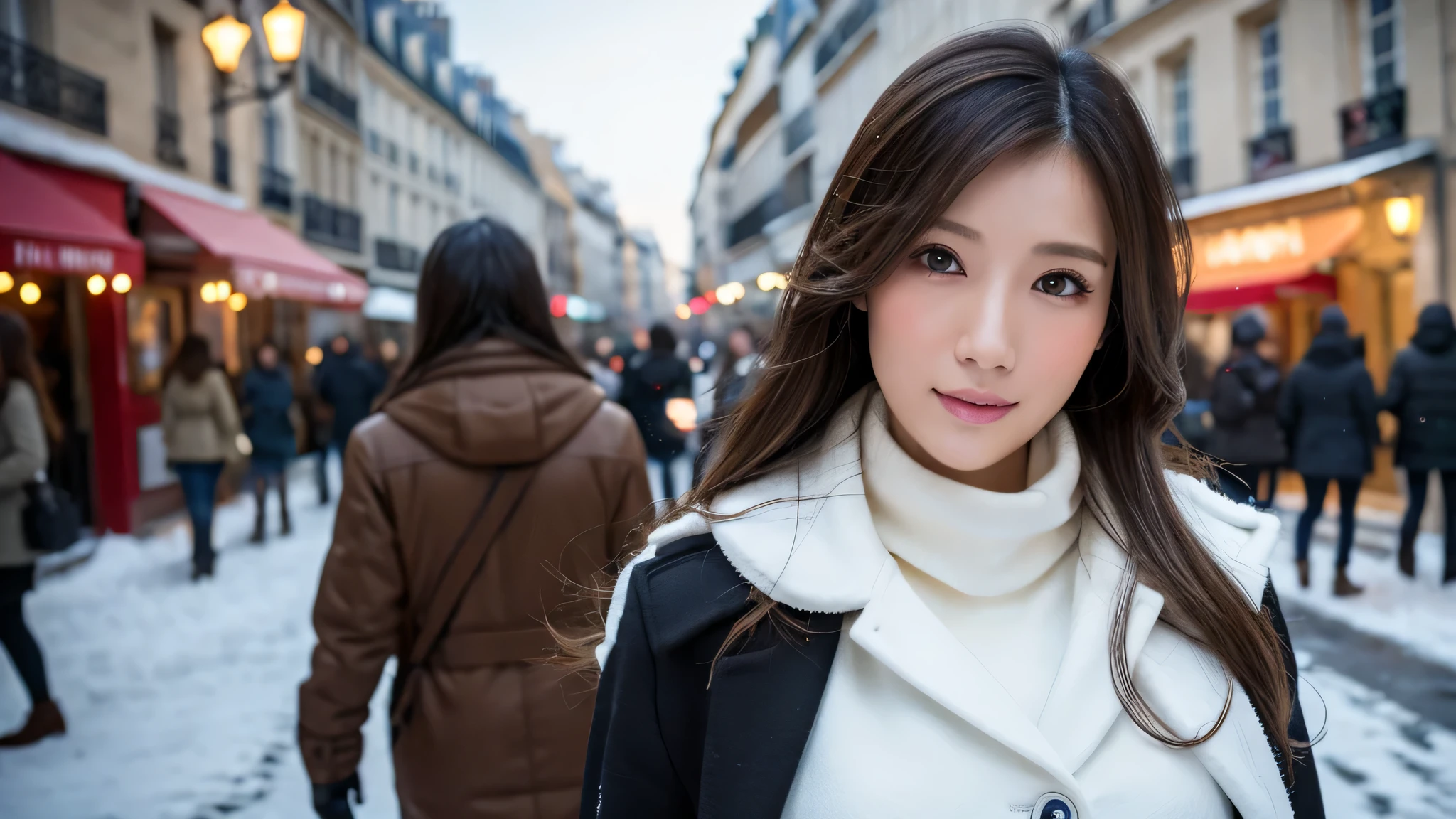 (table top、highest quality、8K、Award-winning work、ultra high resolution)、one beautiful woman、winter、snow scene、that&#39;It&#39;s snowing、(thick white coat:1.2)、（classy red turtleneck knit sweater:1.2)、very romantic and moody、epic movie lighting、(Huge breasts that look like they&#39;ll burst:1.4)、(Most emphasize the body line:1.4)、very long hair、blurred background、accurate anatomy、ultra high definition hair、ultra high resolutionの完璧な美しい歯、Ultra high definition beauty face、ultra high definition hair、Super high-definition sparkling eyes、Shining ultra high resolution beautiful skin、ultra high resolutionの艶やかな唇、Walking the streets of Paris,perfect body,(Lie:1.3)