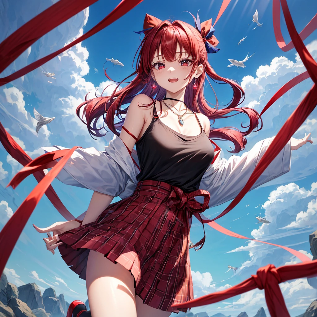 Red-blue hair、red eyes、one good looking girl、solo、anime、plaid mini skirt、black camisole、black t-shirt、kimono、wearing a ribbon、ribbon at waist、stones are piled up、crystal earrings、jewelry necklace、Light and shadow、tilting one's face、teeth are visible、、Wearing geta、lots of crystals、Lock、in the clouds、pillar、Angel