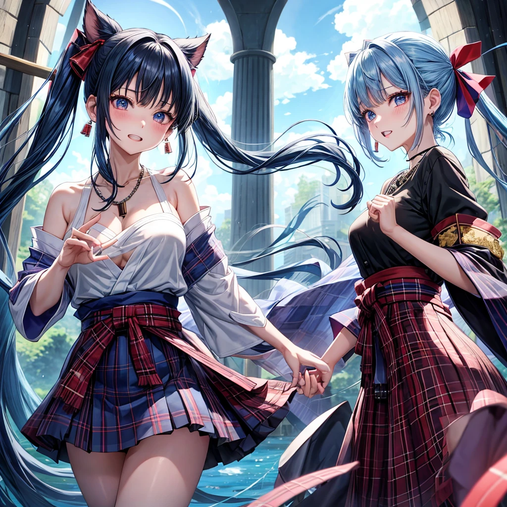 blue hair、red eyes、one good looking girl、solo、anime、plaid mini skirt、black camisole、black t-shirt、kimono、wearing a ribbon、ribbon at waist、stones are piled up、crystal earrings、jewelry necklace、Light and shadow、tilting one's face、teeth are visible、Wearing geta、lots of crystals、Lock、in the clouds、pillar、Angel、skylight