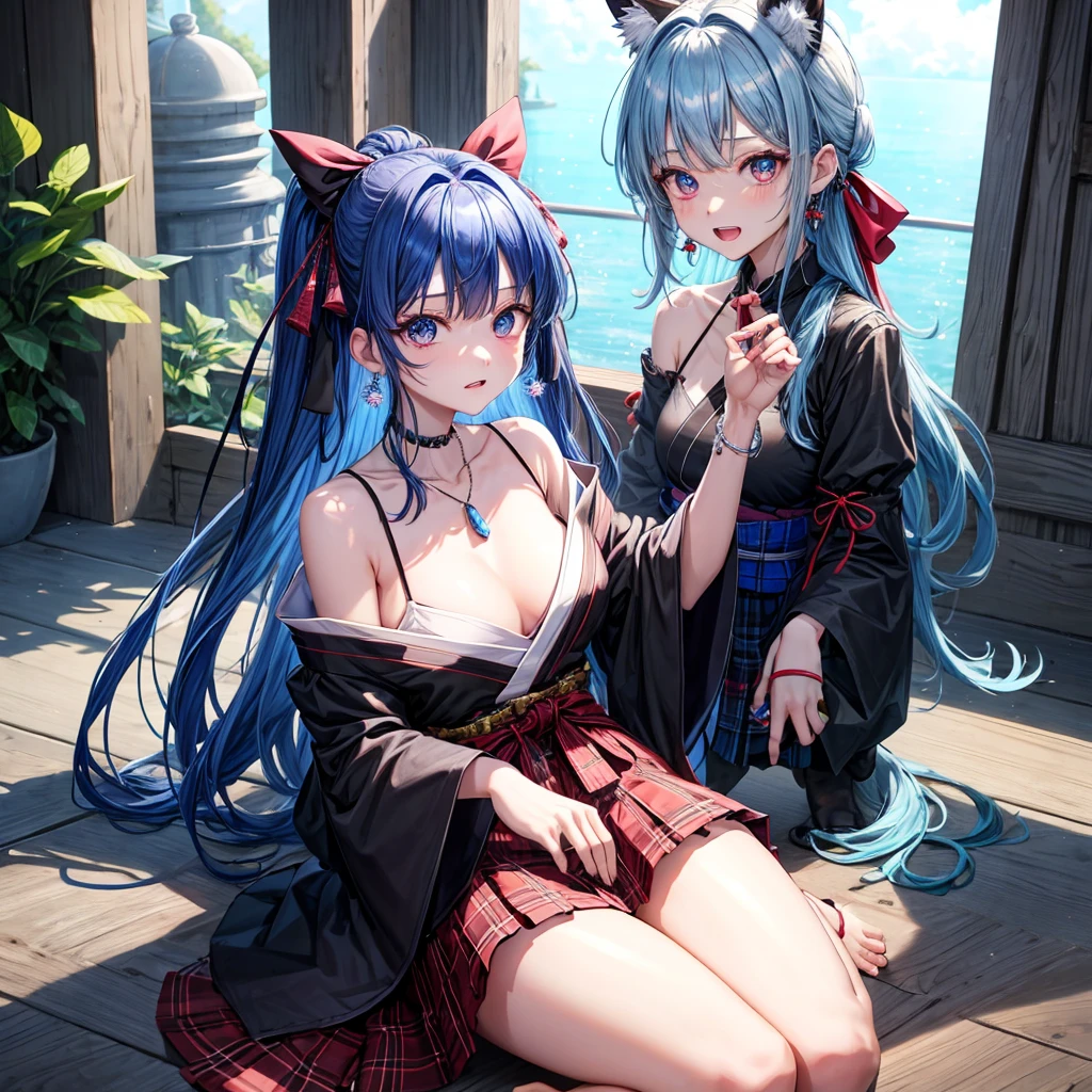 blue hair、red eyes、one good looking girl、solo、anime、plaid mini skirt、black camisole、black t-shirt、kimono、wearing a ribbon、ribbon at waist、stones are piled up、crystal earrings、jewelry necklace、Light and shadow、tilting one's face、teeth are visible、Wearing geta、lots of crystals、Lock、in the clouds、pillar、Angel、skylight