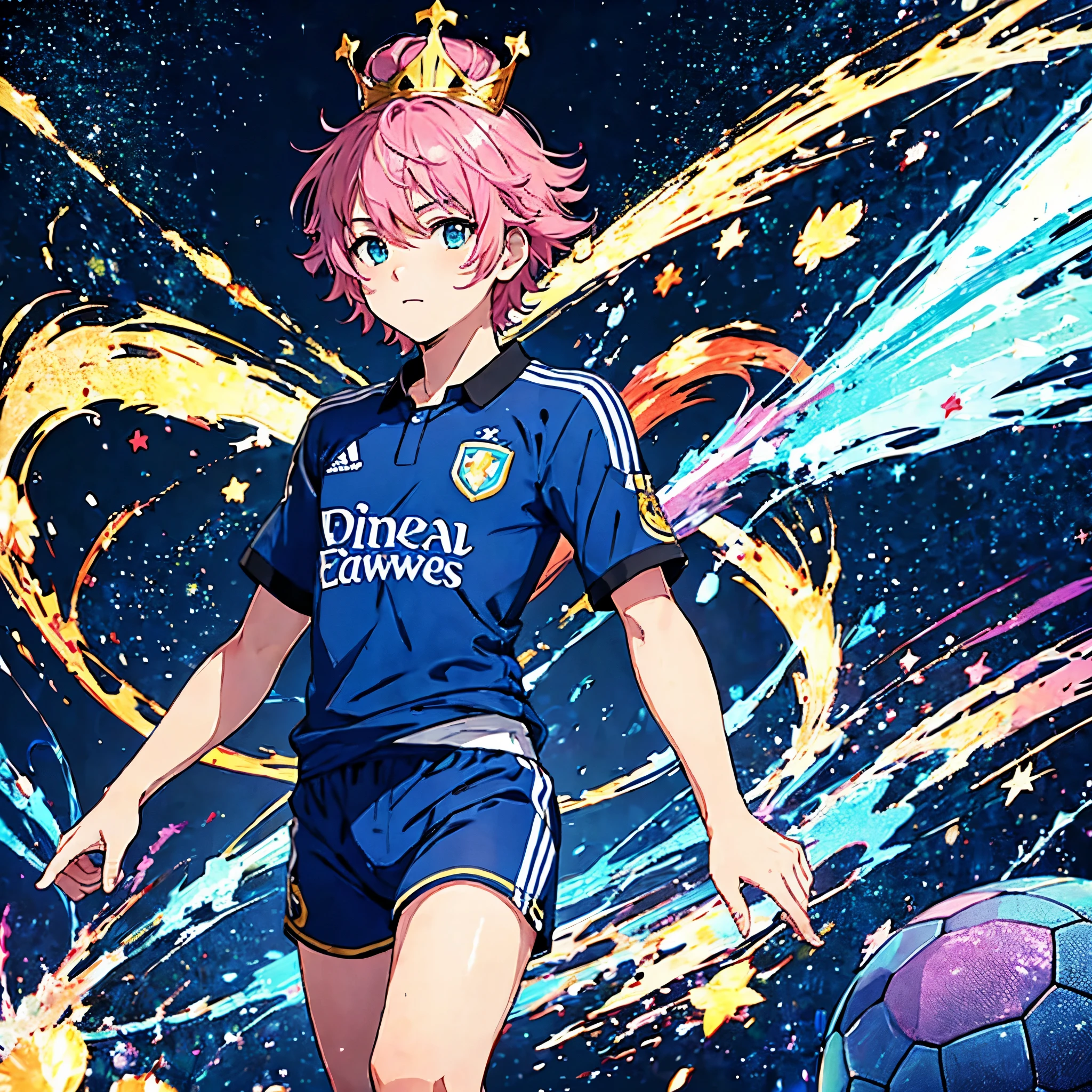 (solo,1boy, masculino),(soccer uniform),aquamarine eyes, Campo de futebol, (pink short hair), crown over the head
