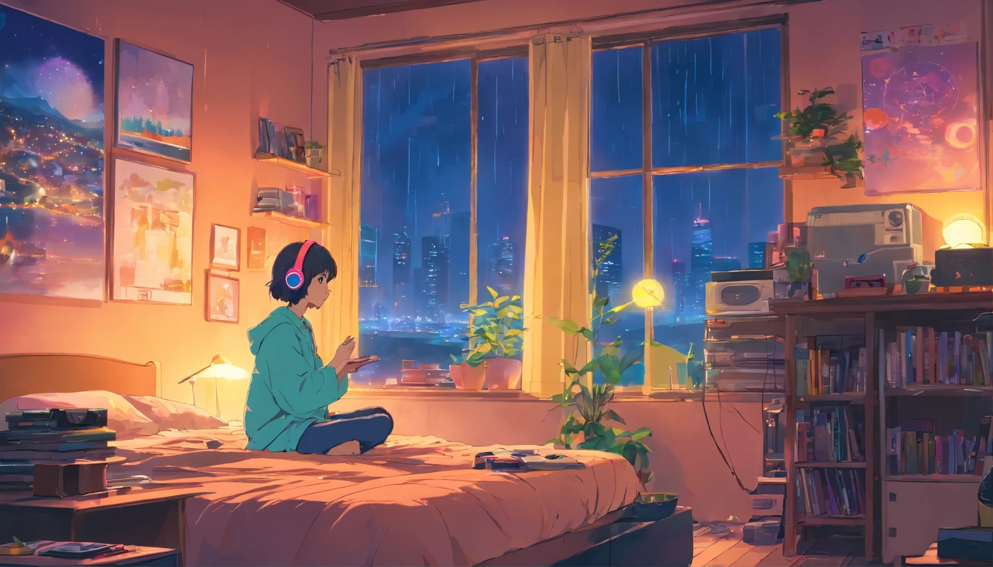 European Hippie Girl meditating in her room, dreaming, Wear headphones, night lights, Neon landscape on a rainy day, Analog Color Theme, Lo-Fi Hip Hop , retrospective, flat, 2.5D ,Draw a line, Ink Drawing, Large slope, Watercolor painting, Goosch Colors, Studio Ghibli Style, Awesome colorful, Outer Ton, krautrock, lofi art,  70s style,Old texture, amplitude,psychedelic vibe, masterpiece, Tremendous technology,