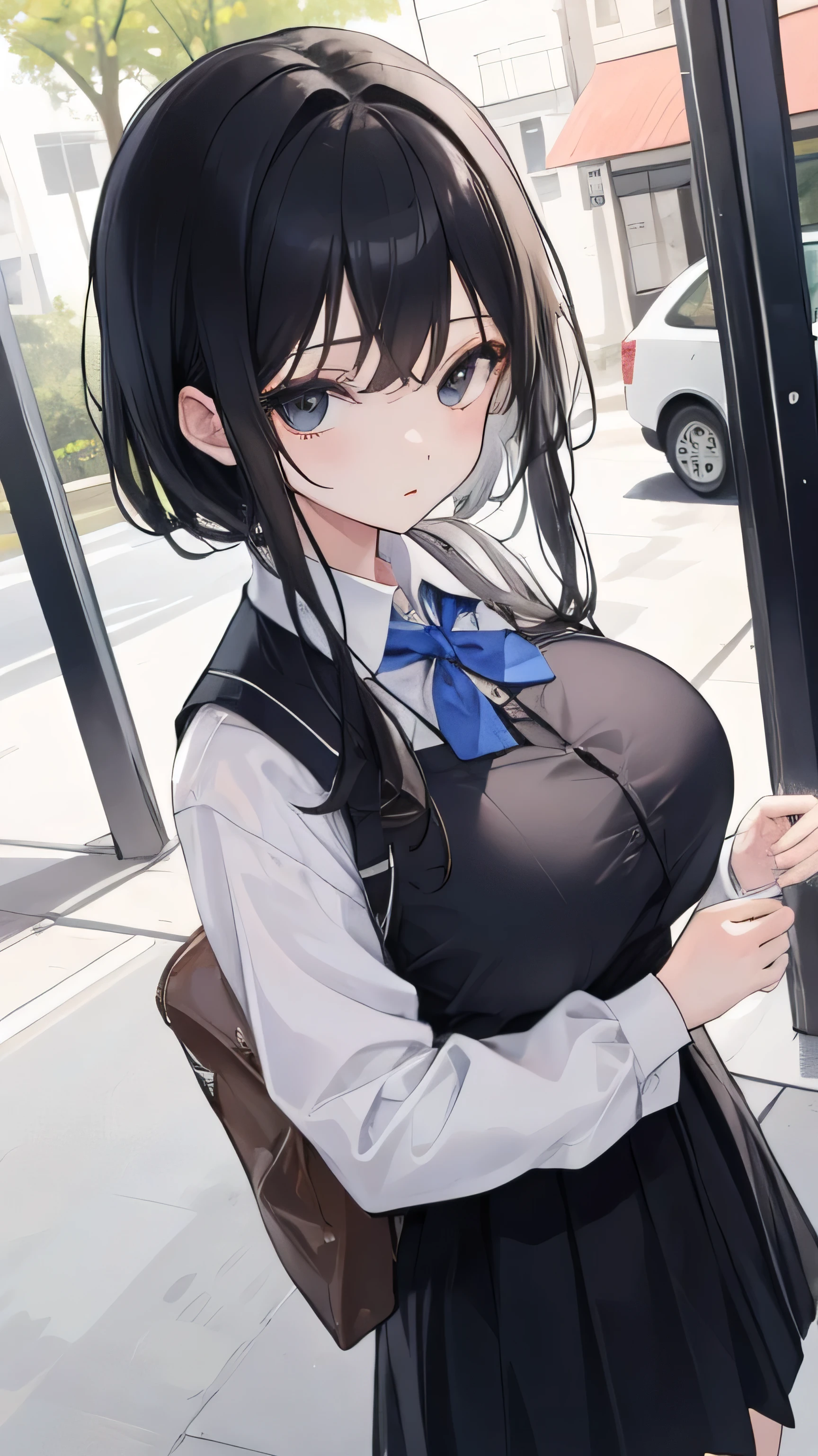 girl, , black hair, very big breasts, black eyes, detailed, best quality, , on the way to school,