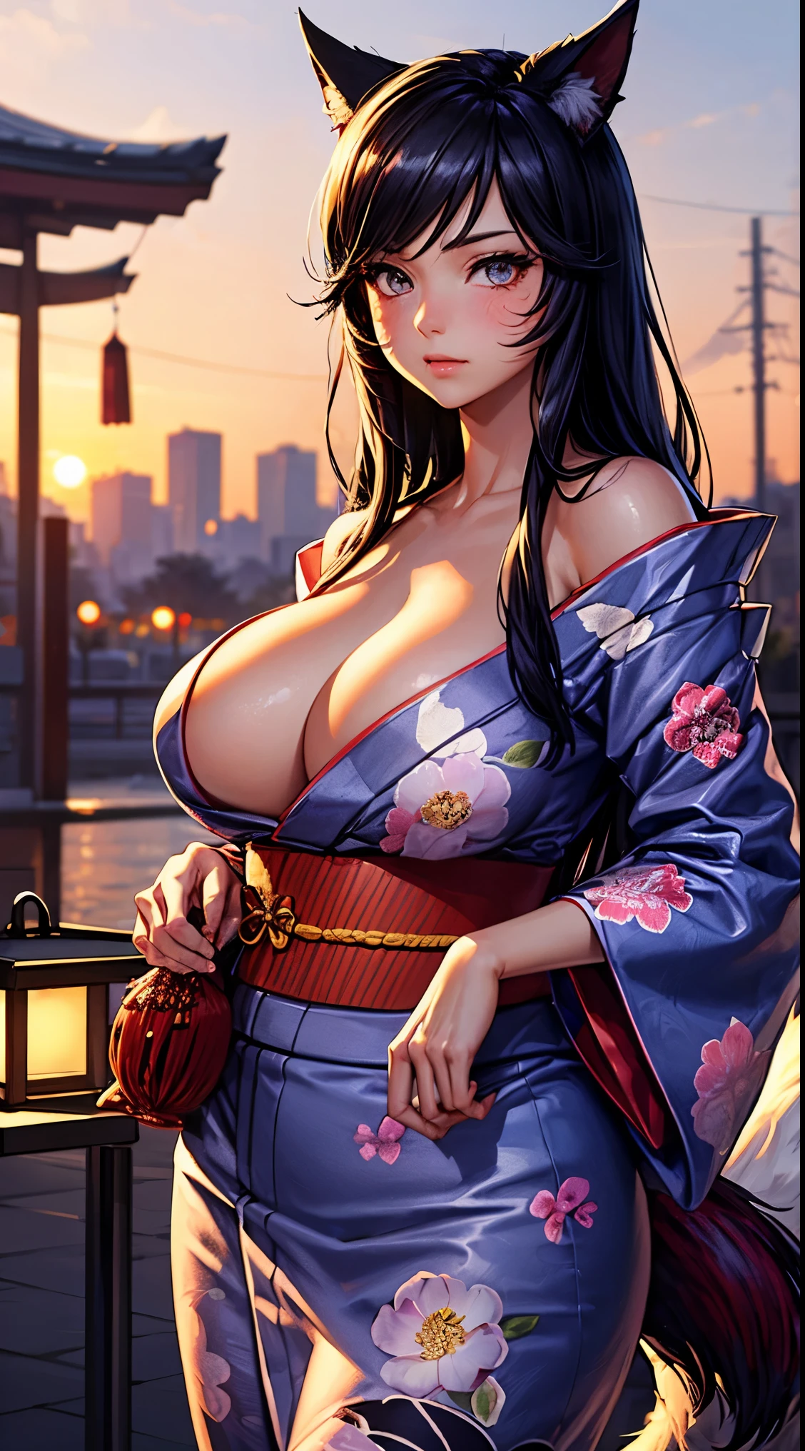 Ray tracing,{Best quality}, {{Masterpiece}}, {A high resolution}, Original, Extremely detailed 8k wallpaper, {An extremely delicate and beautiful}, realistic hand, one girl, cowboy shot,good body proportions, blush, Extremely detailed face, Extremely detailed body, Extremely detailed hands, Extremely detailed eyes, beatiful eyes, glowing eyes,Extremely detailed background, high quality background,Ahri League of Legends,(((kitsune girl,fox girl,fox tails,nine tails,multiple_tails,multiple tails))),(large breasts:1.9),25-year-old,seductive pose,shy,blushing,looking at viewer,spring festival,floral yukata,cute yukata,kimono,(((yukata,japanese clothes,obijime,floral print,long and flower patterned yukata))),fireworks,night sky