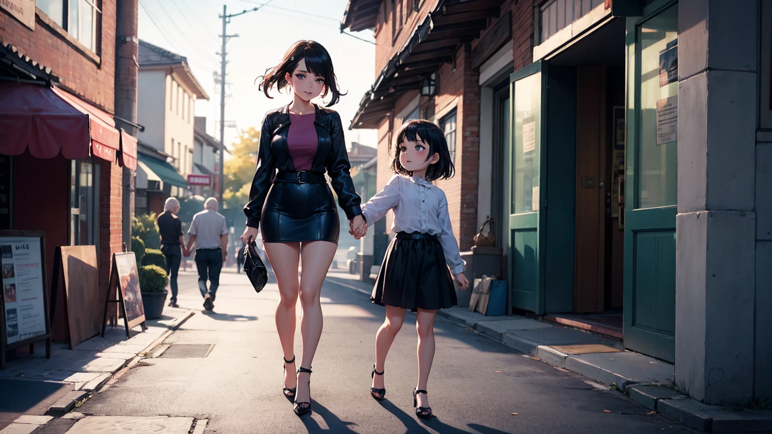 On the bustling street, an incredibly beautiful 33-year-old prostitute mother walks hand in hand with her innocent and tender 8-year-old daughter. The girl's laughter rings through the air as she looks at her mother in admiration. The mother, with a seductive and seductive expression, seduces the elderly with her captivating gaze. Dressed in a miniskirt that reveals her delicious thong, stockings and high heels, she plays the role of her with confidence. With a perverted gleam in her eyes, he savors the sensual touches of the old men on her legs and hips, satisfying her desires while she attends to her desires, both of them sensually groped