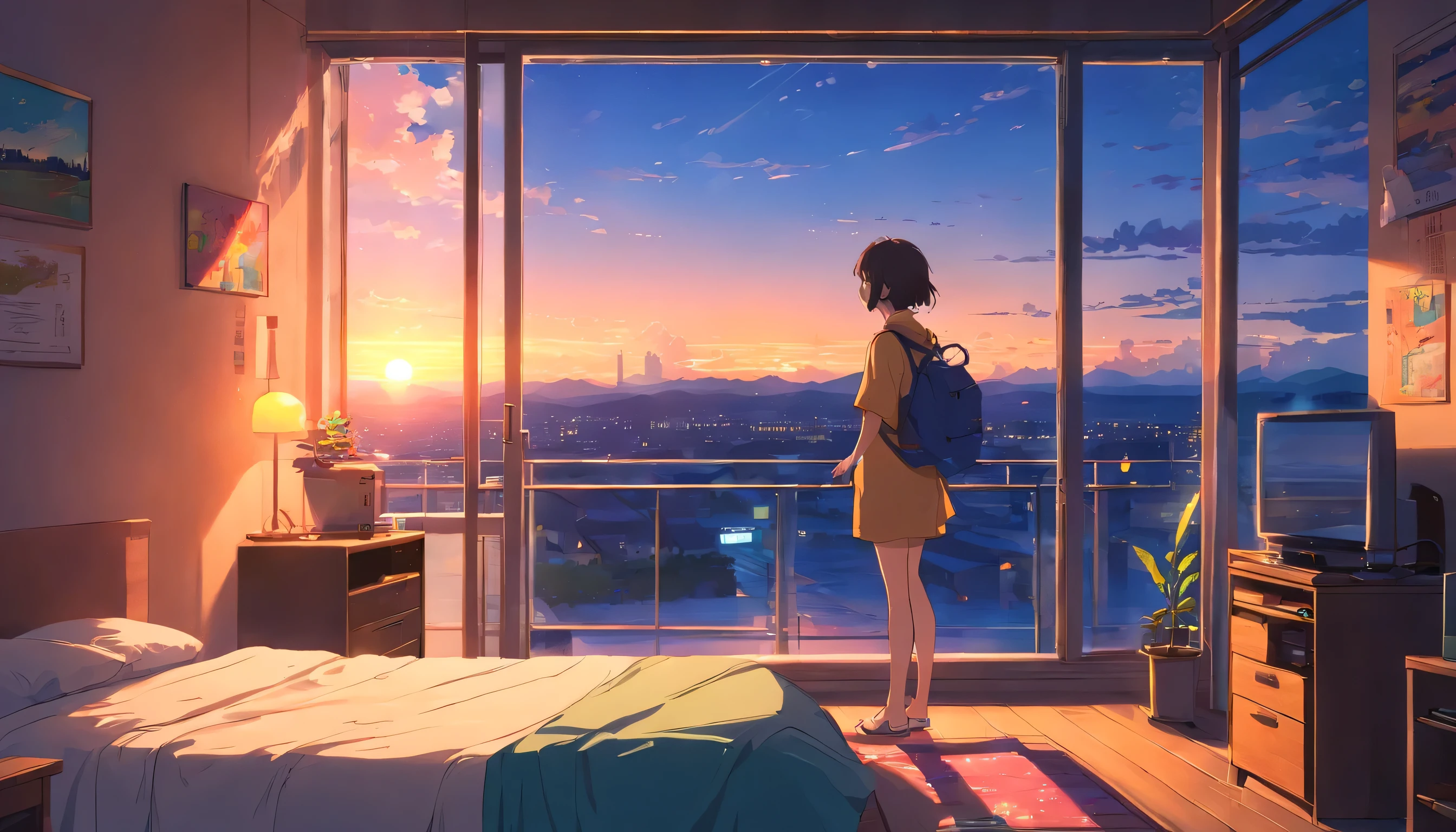 European hippie girl going out from her room to the terrace and watching the sunset, dream, please wear headphones, night light, analog color theme, lo-fi hip hop , retrospective, flat, 2.5D ,Draw a line, ink painting, Osaka road, watercolor painting, gouache color, studio ghibli style, very colorful, outerton, Krautlock, Lofiato,old texture, amplitude,Psychedelic atmosphere, masterpiece, Technology of Wonders,on the bed,Darken the room,beautiful sunset outside the window