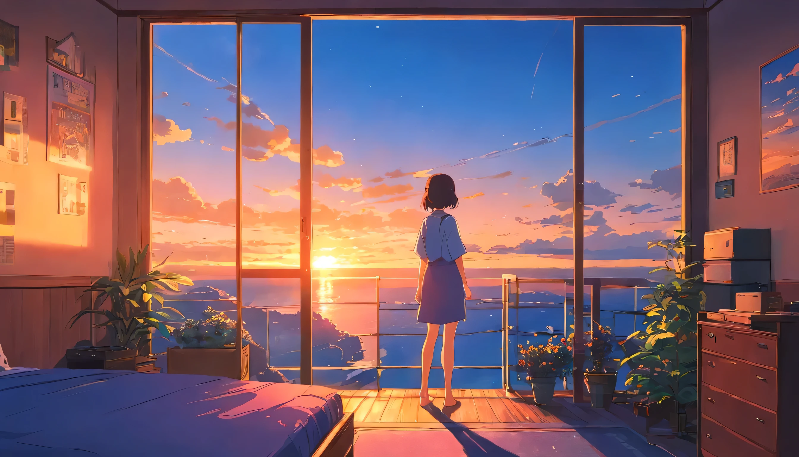 sunset, window,Sitting, girl, Large window, You can see the ocean from the window, I can see the horizon from the window,