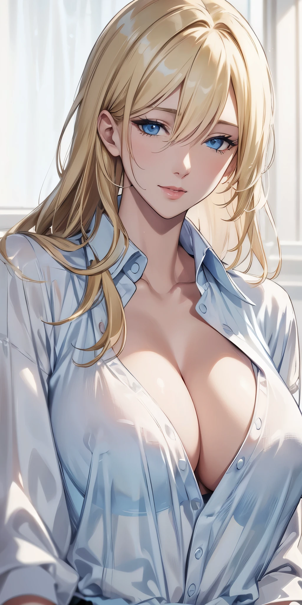 portrait, realistic, blue eyes, blonde hair, transparent camisole, see through nipple, 4k resolution, high quality cg, beautiful cg, soft light