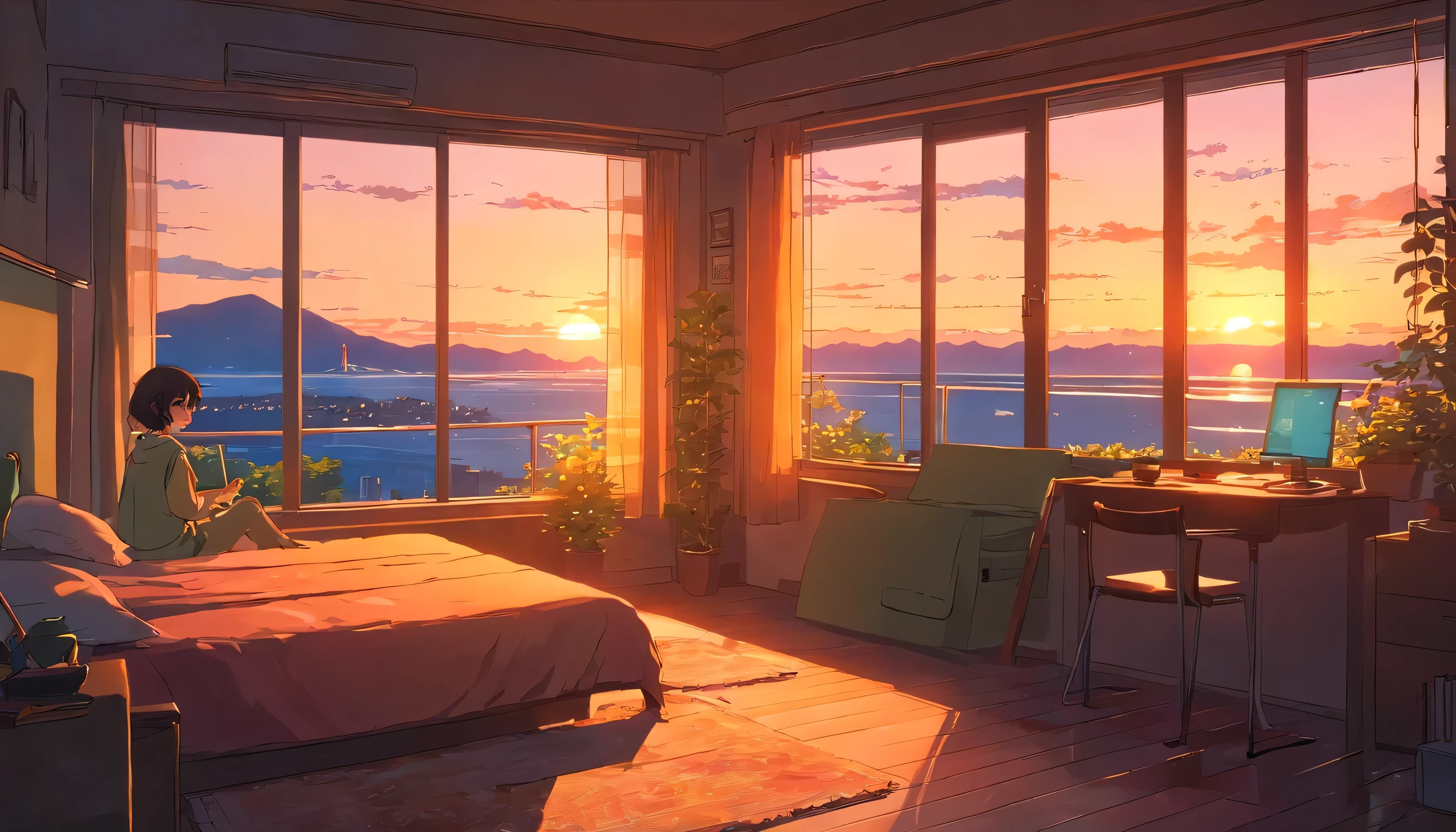 European hippie girl going out from her room to the terrace and watching the sunset, dream, please wear headphones, night light, analog color theme, lo-fi hip hop , retrospective, flat, 2.5D ,Draw a line, ink painting, Osaka road, watercolor painting, gouache color, studio ghibli style, very colorful, outerton, Krautlock, Lofiato,old texture, amplitude,Psychedelic atmosphere, masterpiece, Technology of Wonders,on the bed,Darken the room,beautiful sunset outside the window