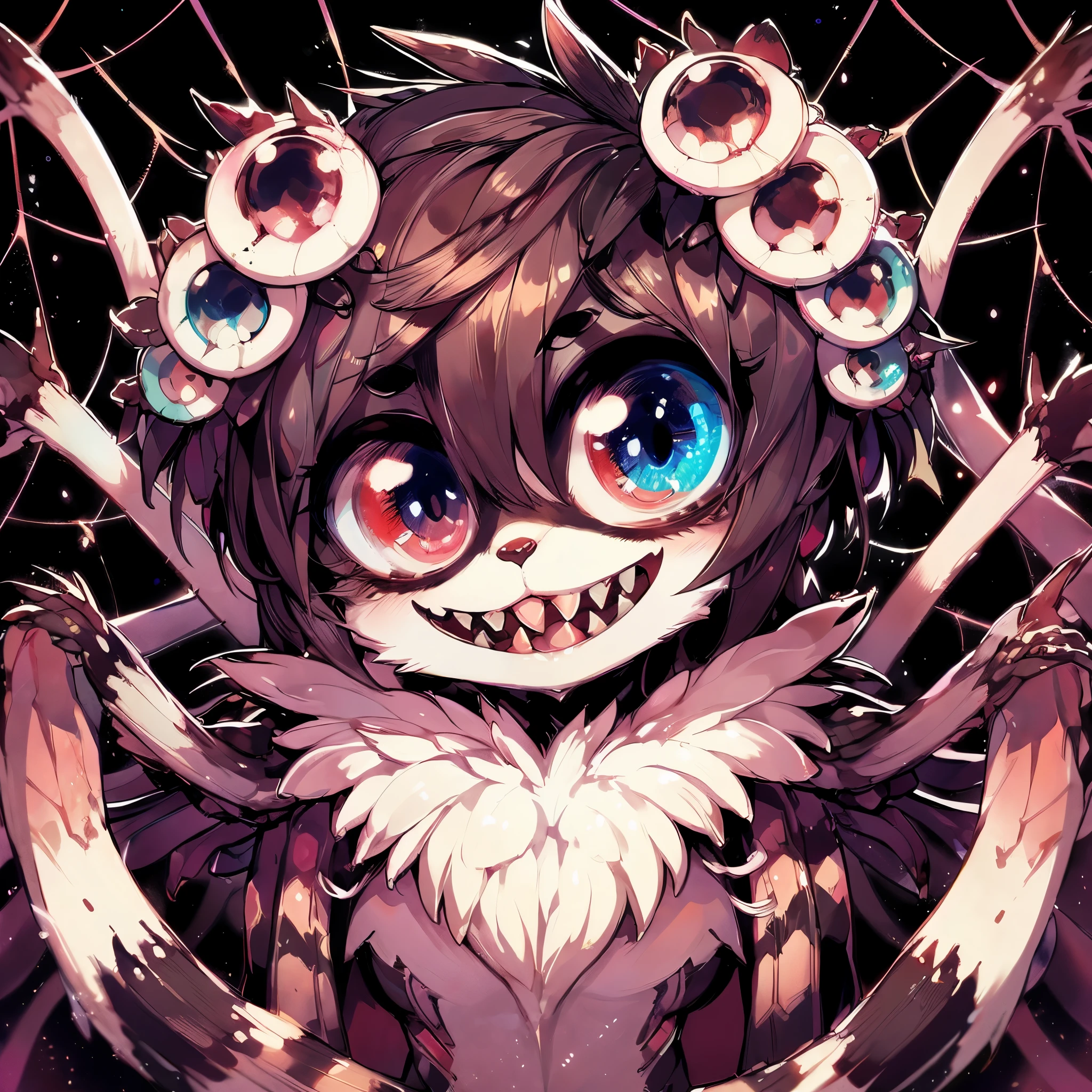 Female Dragon.spider element. Furry. Compound eye. sanpaku. double teeth. Candy color. insect fung. spider web. Anime style.