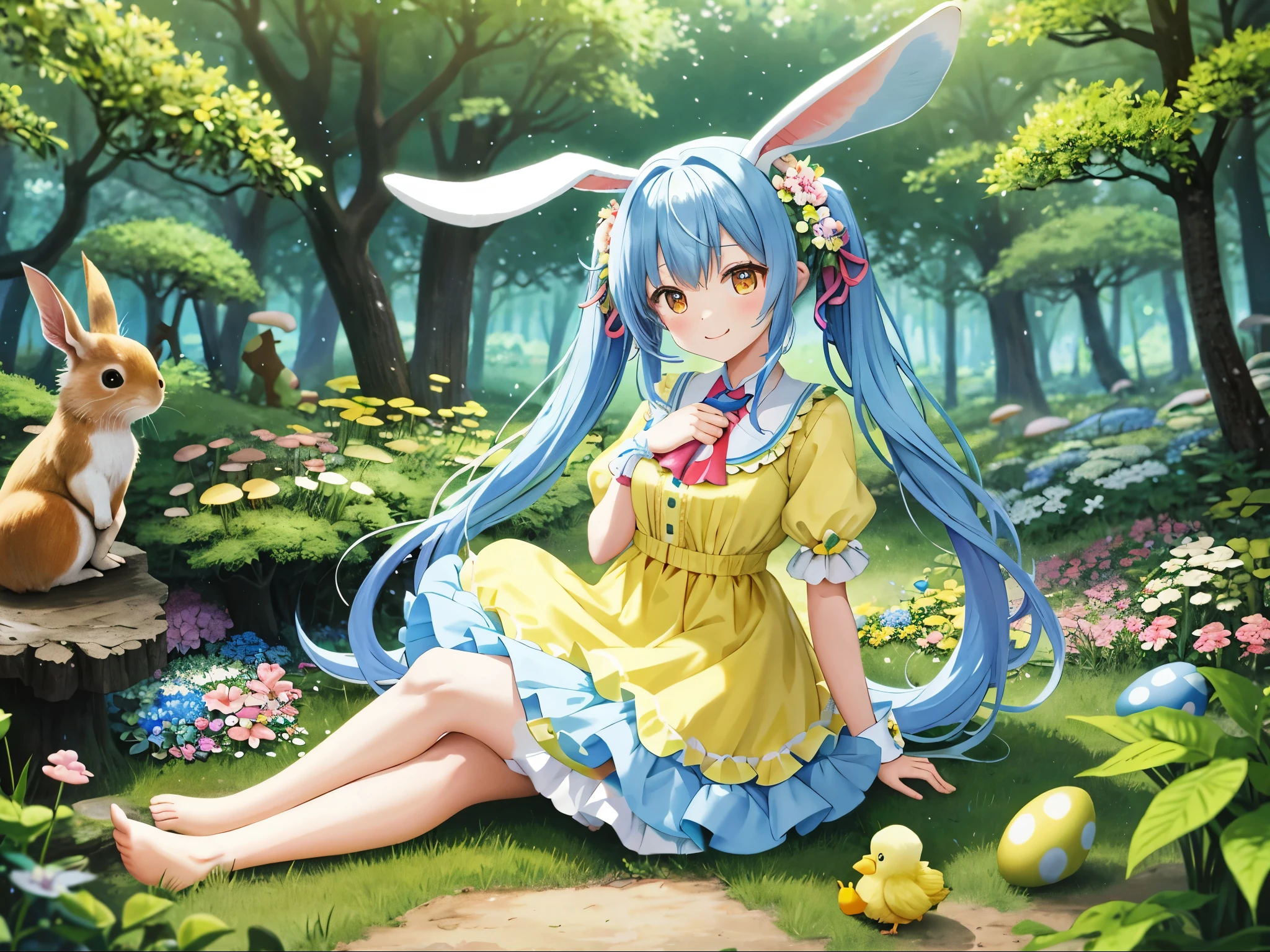 【best image quality】A fairyland full of flowers light blue long hair、Cute girl with twin tails There are lots of flowers at my feet Easter A rabbit brings a big egg rabbit ears Dynamic mode In a forest full of flowers Celebrating Easter with forest animals cute red and white dress adorable smile in the forest forest creatures Usagi squirrel There are friends in the forest。 There are also mushrooms。Eared rabbit barefoot cute costumes