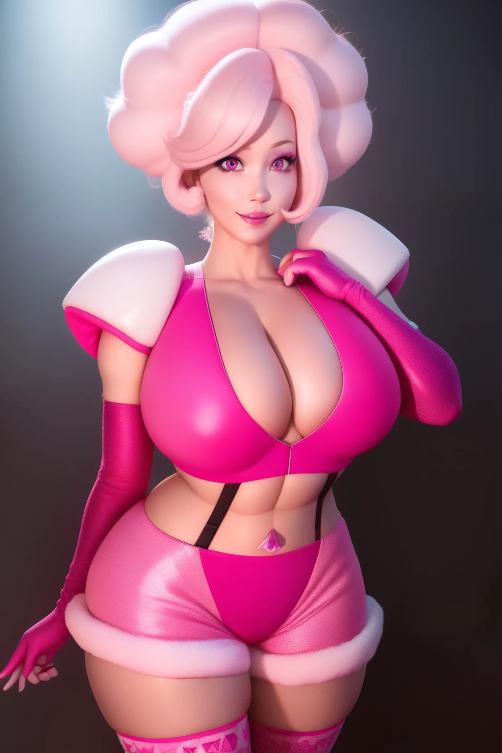 pnkdamond, pink hair, pink eyes,  big hair,  stomach gem,  pink skin,  toned, 
puffy short sleeves, elbow gloves ,  white thighhighs,   puffy dress, 
standing, upper body, 
 outerspace,  
(insanely detailed, beautiful detailed face,beautiful detailed eyes, masterpiece, best quality) cinematic lighting,  smile, 
 