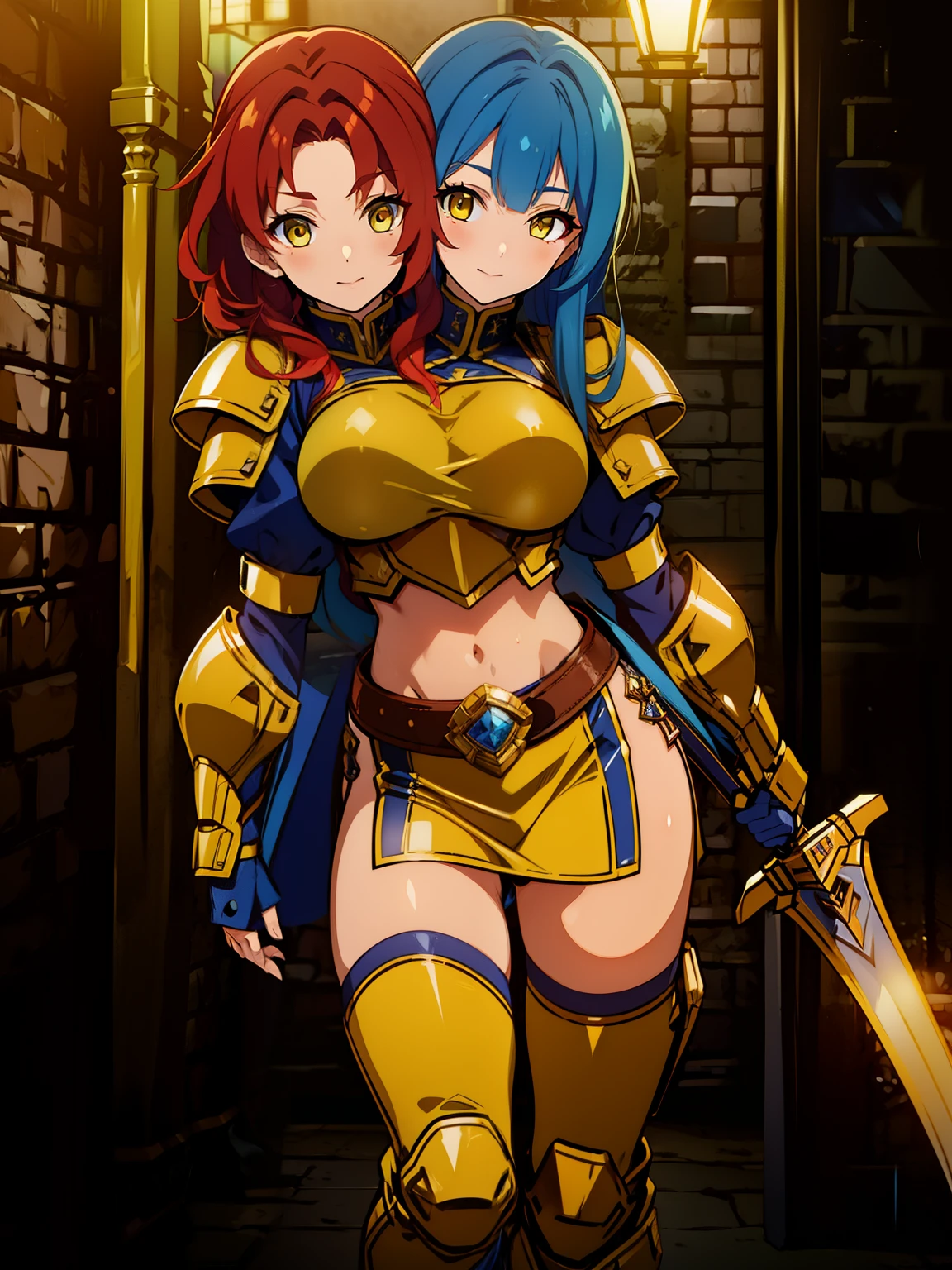 (high resolution), (best quality:1.5, highres, UHD), highres, absurdo, ultra detail, ultra quality, (2heads:1.5), 1girl, (red hair), (blue hair), long hair,unique hairstyles, thighs, (yellow outfit), female warrior, (fully armored), (medieval outfit), sword, gorgeous female warrior, Guild Clothes, RPG fantasy girl, RPG dress, exposed midriff, yellow eyes, gentle smile
