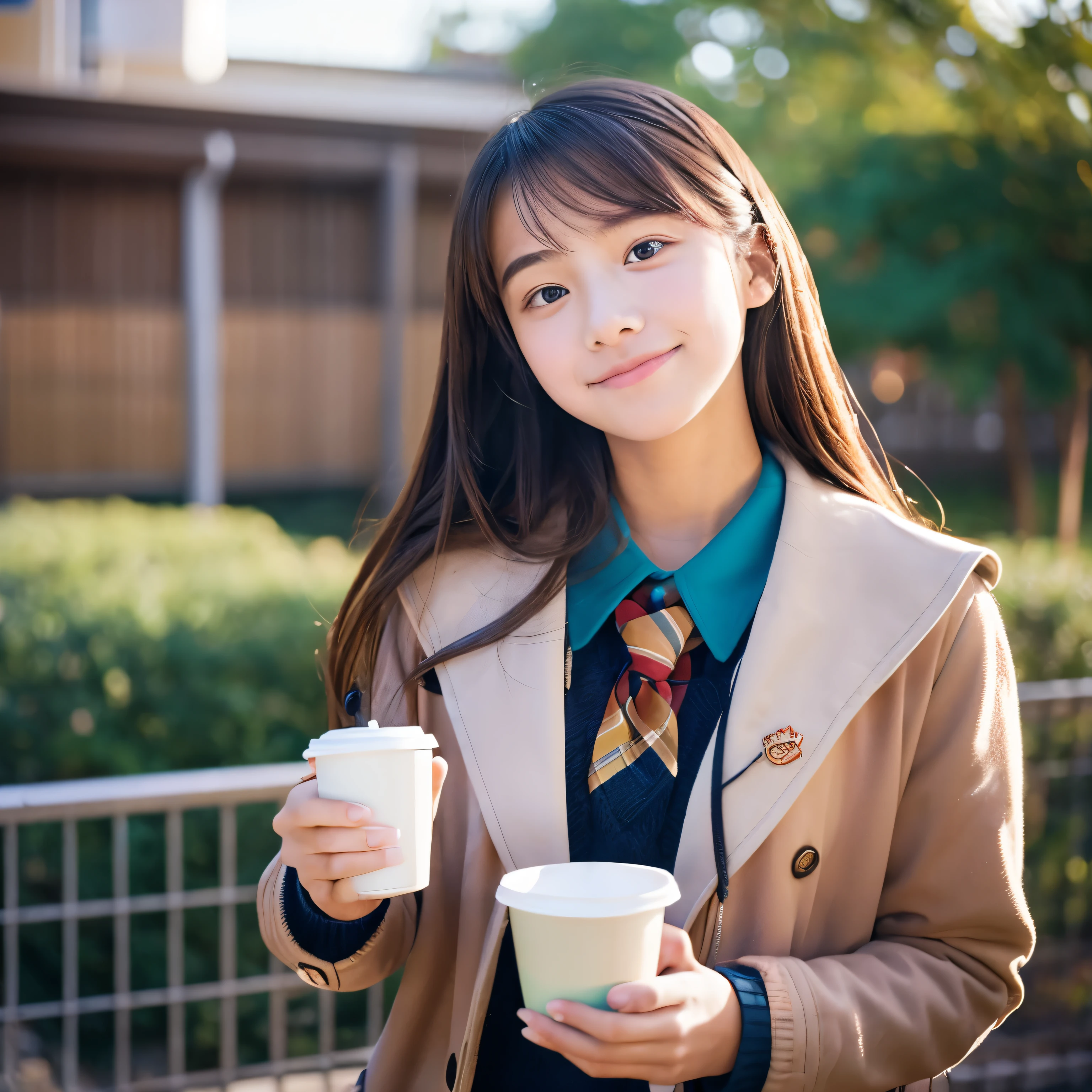 A beautiful high school girl holding a cup of coffee in one hand and looking up at me.