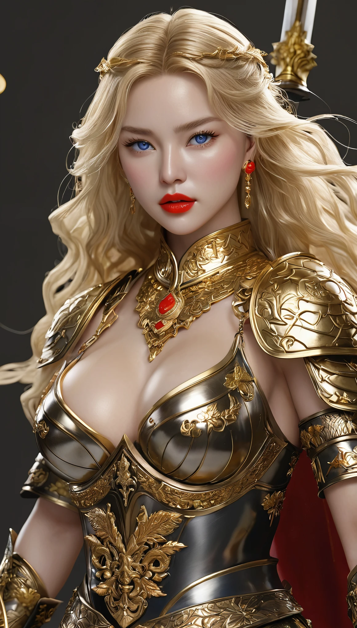 masterpiece,highest quality,higher rank,(womanの変態_woman:1),(naked:1.3), (35歳のWoman warrior:1.3),、big and full breasts big breasts,big breasts ,hyper real,中世ヨーロッパの都市のbattlefieldにいる,No expression,、イギリス人woman、Delicate skin texture to the smallest detail、detailed blue eyes (very big big big)、中年woman、(Fluffy long blonde hair)、Wheat tanned skin、very big big big、Woman warrior、big breastsの谷間、richly decorated gold armor、Long gold boots with flashy decorations、Solid gold and jewelry necklaces and collars、Large gold earrings、bright red lips、wears luxurious gold armor、Golden Long Globe、she has a big and long sword、The sword is decorated with flashy decorations...............、The blade of the sword is jet black、(Woman warrior)、(battlefield)、