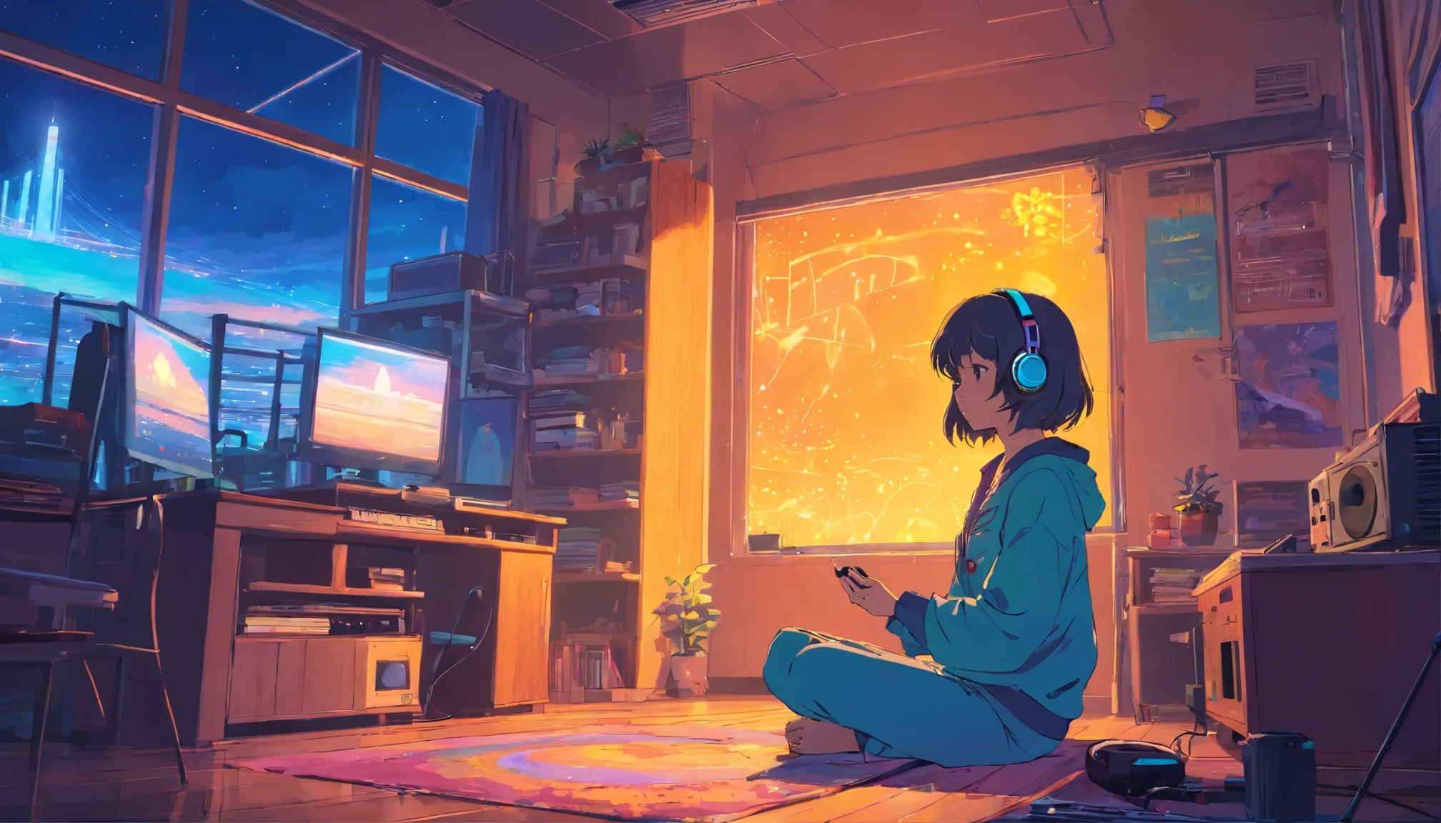 European Hippie Girl meditating in her room, dreaming, Wear headphones, night lights, Neon landscape on a rainy day, Analog Color Theme, Lo-Fi Hip Hop , retrospective, flat, 2.5D ,Draw a line, Ink Drawing, Large slope, Watercolor painting, Goosch Colors, Shinkai Makoto Style, Awesome colorful, Outer Ton, krautrock, lofi art, 70s style,Old texture, amplitude,psychedelic vibe, masterpiece, Tremendous technology,