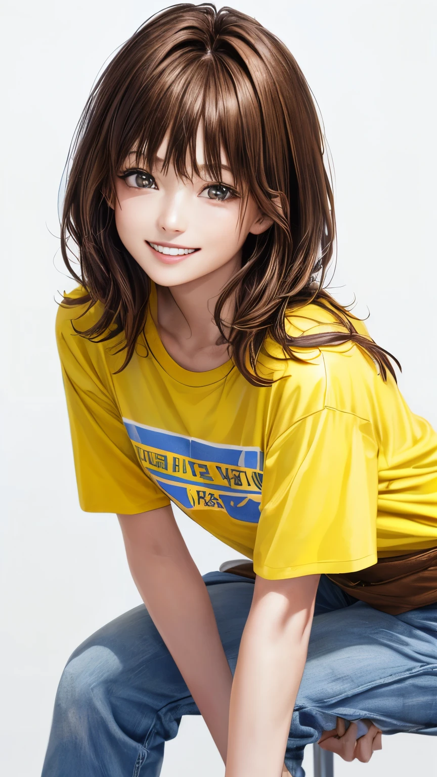 (highest quality、8K、32k、masterpiece)、(realistic)、(Photoreal:1.2)、(High resolution)、Super detailed、very beautiful face and eyes、1 girl、round and small face、thin waist、delicate body、(highest quality、high detail、Rich skin details)、(realistic、realistic:1.37)、bright colors、(((light brown hair)))、(((full body shot)))、(((medium hair)))、(((This is a stylish hairstyle)))、(((pure white wall background)))、(((pure white wall background)))、(((I'm smiling)))、(((Teeth are visible)))、(((I'm wearing a yellow t-shirt)))、(((The T-shirt has English text written on the front)))、(((brown hair)))、(((put your hand on your waist)))、(((Leaning forward)))、
