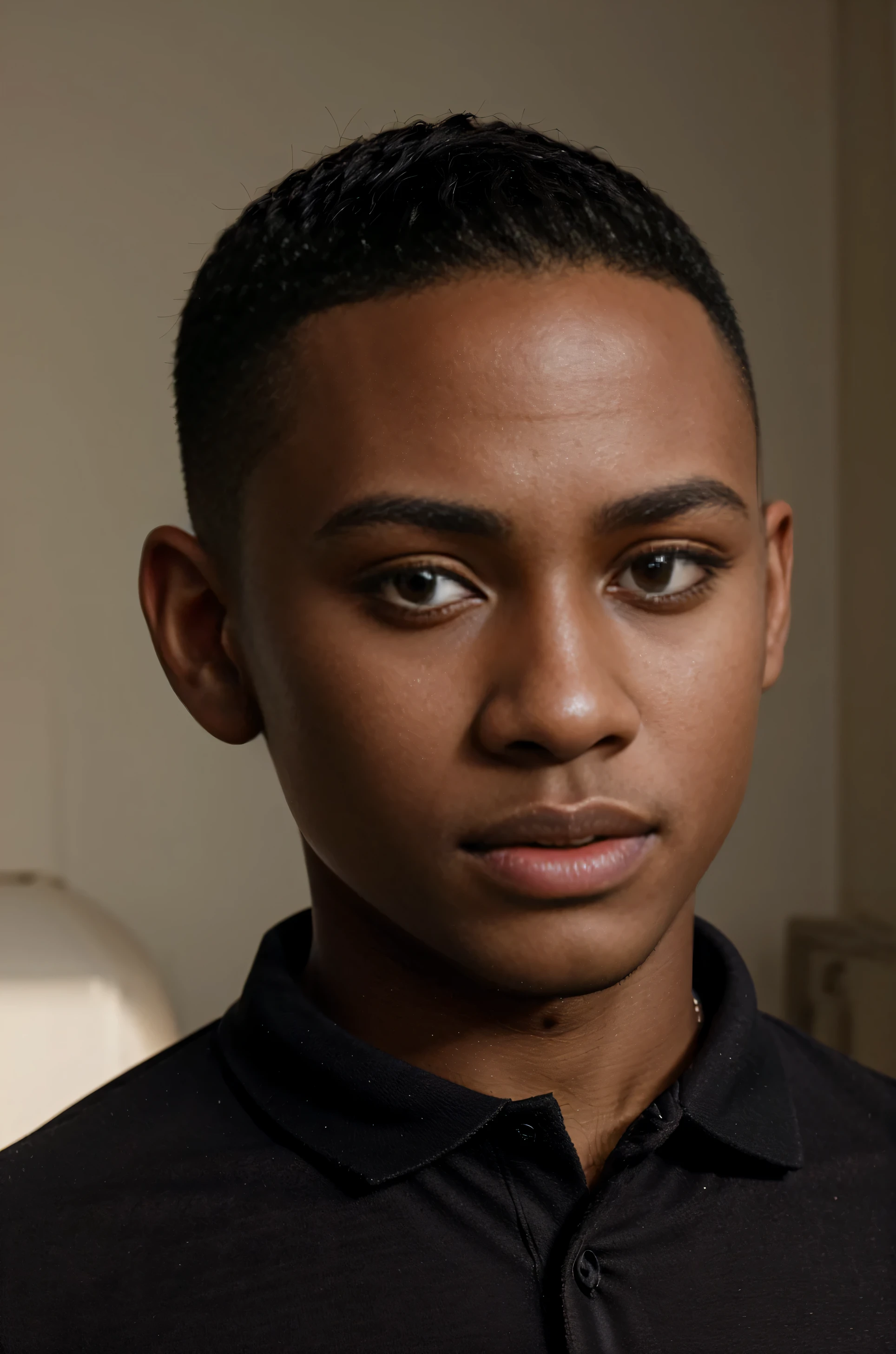 Create a hyper realistic portrait of a young handsome African boy, wearing a black polo, having a low shaved haircut like buzz cut
