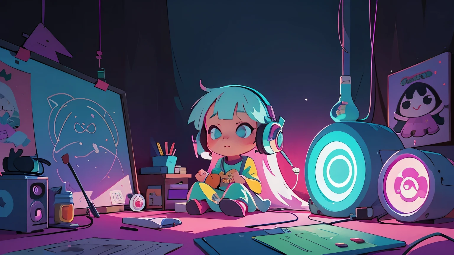 European Hippie cat girl (kawaii) meditating in her room, dreaming, Wear headphones, night lights, Neon landscape on a rainy day, Analog Color Theme, Lo-Fi Hip Hop , retrospective, flat, 2.5D ,Draw a line, Ink Drawing, Large slope, Watercolor painting, Goosch Colors, Awesome colorful, Outer Ton, krautrock, lofi art, 70s style,Old texture, amplitude,psychedelic vibe, masterpiece, Tremendous technology,