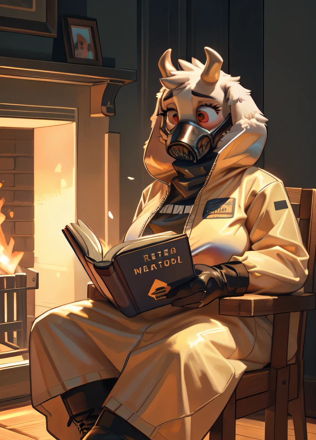 [toriel], [Undertale], [Uploaded to e621.net; (Pixelsketcher), (wamudraws), (woolrool)], ((masterpiece)), ((HD)), ((high quality)), ((solo portrait)), ((front view)), ((furry; anthro)), ((detailed fur)), ((detailed shading)), ((beautiful render art)), ((intricate details)), {anthro goat; white fur, white nose, cute maroon eyes, (short eyelashes), (short goat antlers), short fluffy tail, (large boobs), (gorgeous hips), (expressionless)}, {(yellow hazmat suit), (black gloves), (black boots), (black rune on chest), (gas mask on face)}, {(sitting in rocking chair), (legs crossed), (reading book), (looking down)}, [background; (living room), (yellow walls), (orange wood floor), (fireplace), (ambient lighting)]