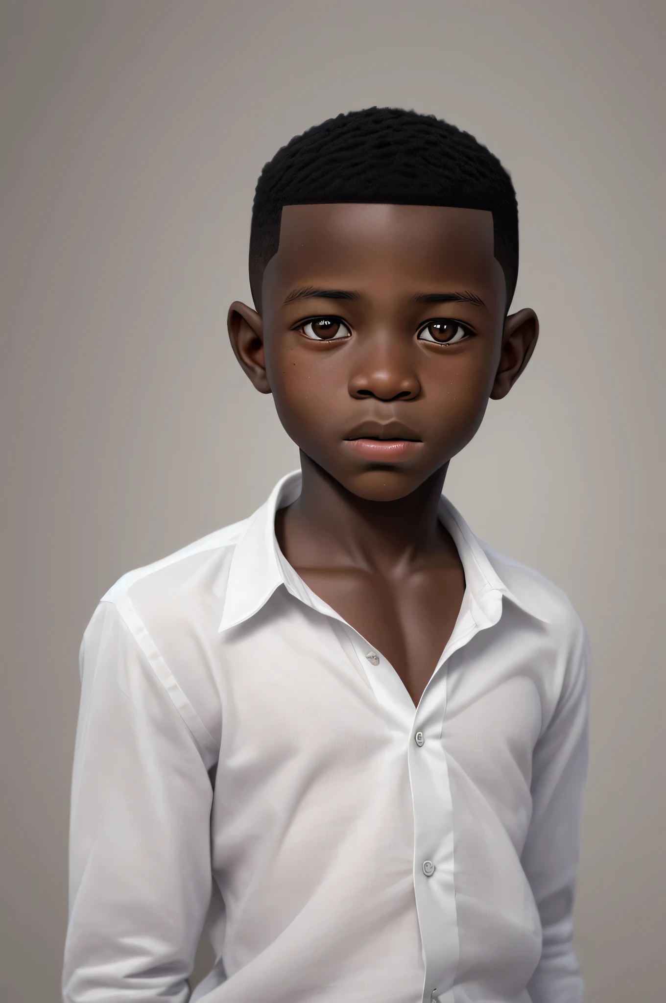 Create a highly detailed ultra realistic portrait image of a young cute African boy of around 12 years, wearing white shirt and having a low shaved haircut 