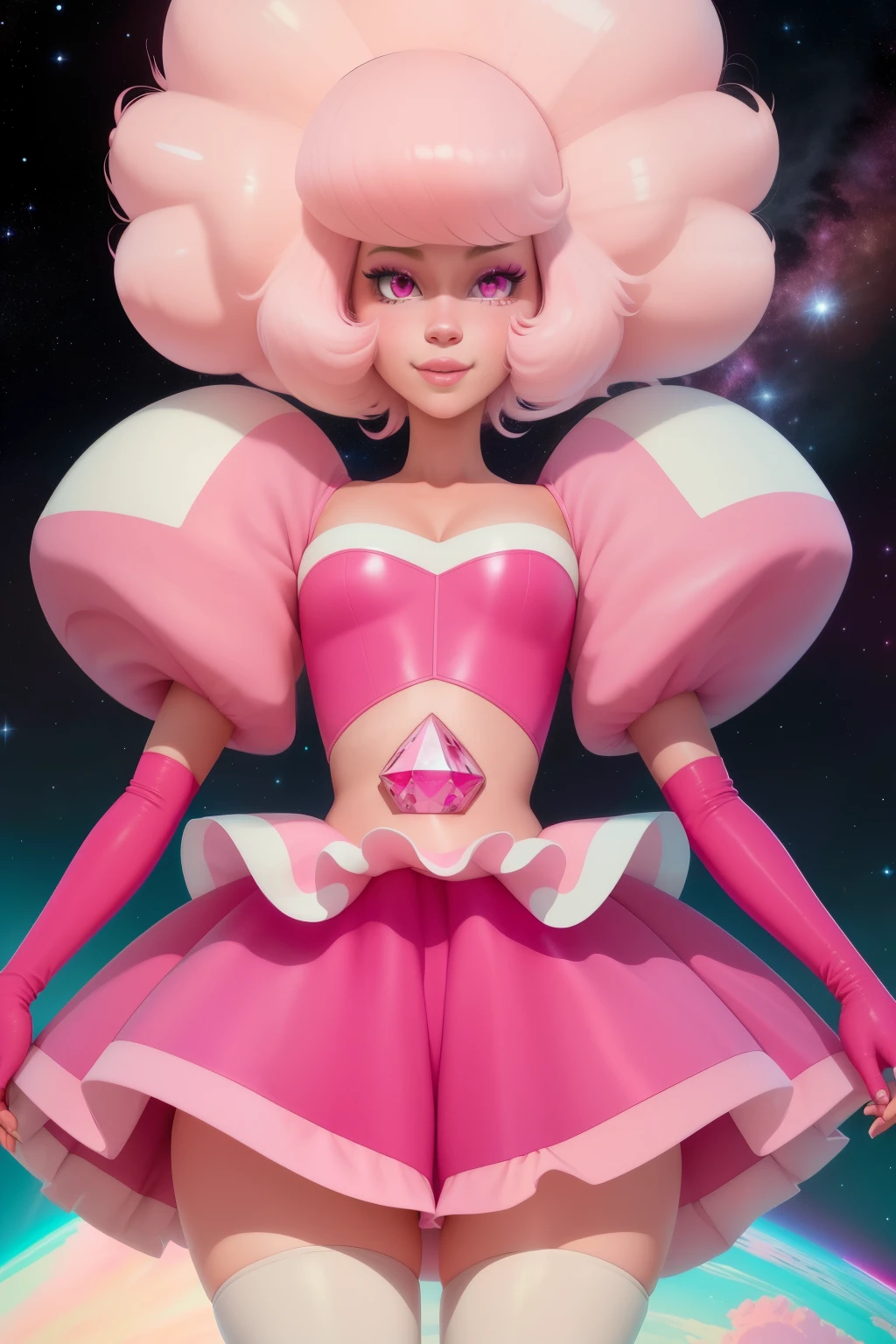 pnkdamond, pink hair, pink eyes,  big hair,  stomach gem,  pink skin,  toned, 
puffy short sleeves, elbow gloves ,  white thighhighs,   puffy dress, 
standing, upper body, 
 outerspace,  
(insanely detailed, beautiful detailed face,beautiful detailed eyes, masterpiece, best quality) cinematic lighting,  smile, 
 