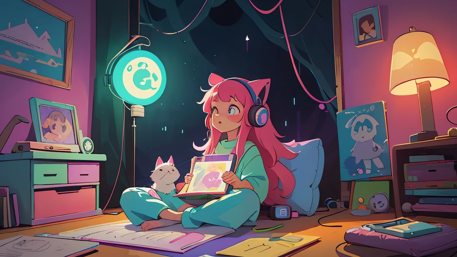 European Hippie kawaii girl and cat meditating in her room, anime, dreaming, Wear headphones, night lights, Neon landscape on a rainy day, Analog Color Theme, Lo-Fi Hip Hop , retrospective, flat, 2.5D ,Draw a line, Ink Drawing, Large slope, Watercolor painting, Goosch Colors, Awesome colorful, Outer Ton, krautrock, lofi art, 70s style,Old texture, amplitude,psychedelic vibe, masterpiece, Tremendous technology,