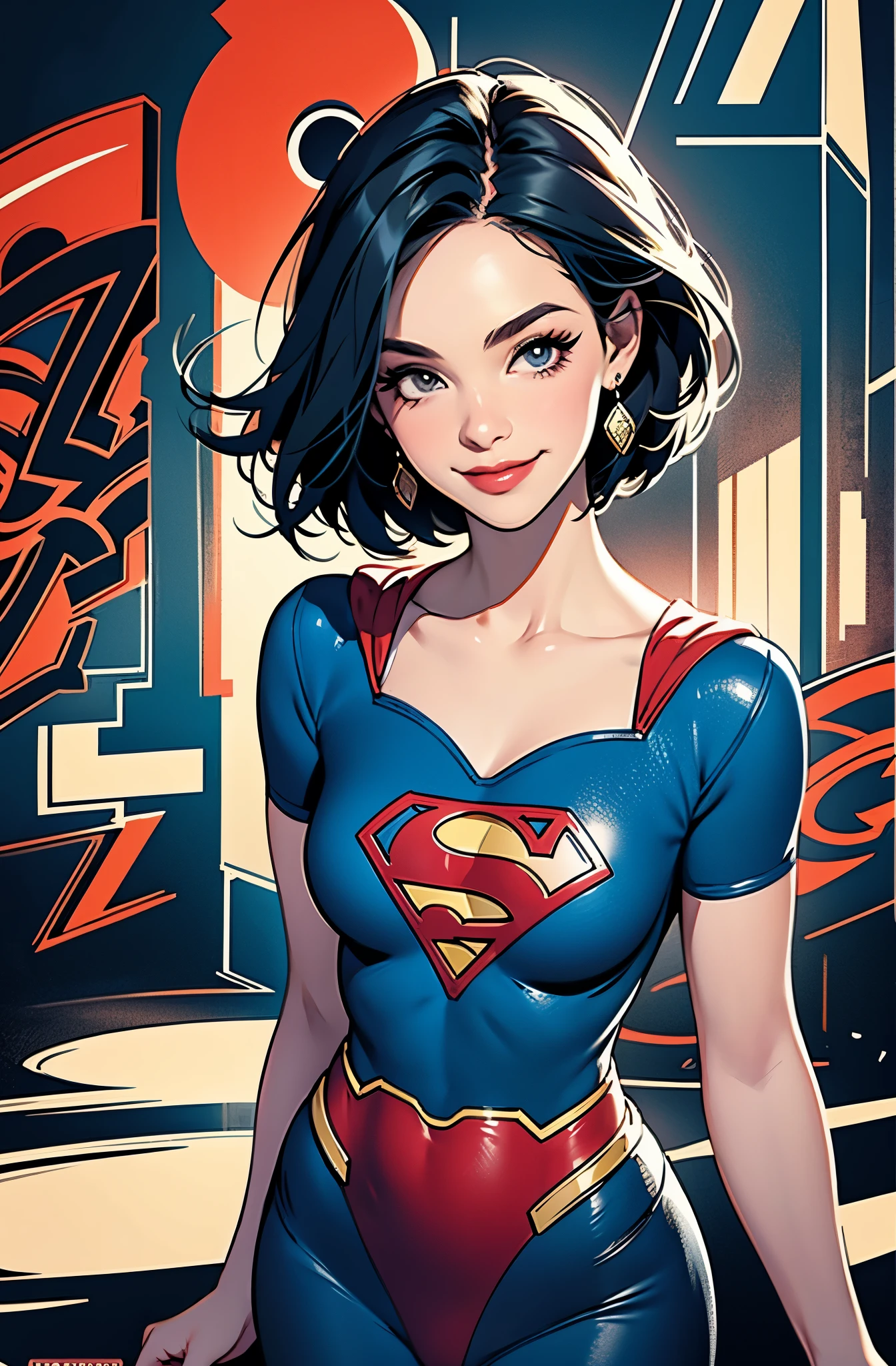 Super Woman, retro girl, smiling, Supergirl, graphical design, (heavy ink, ink blacks),