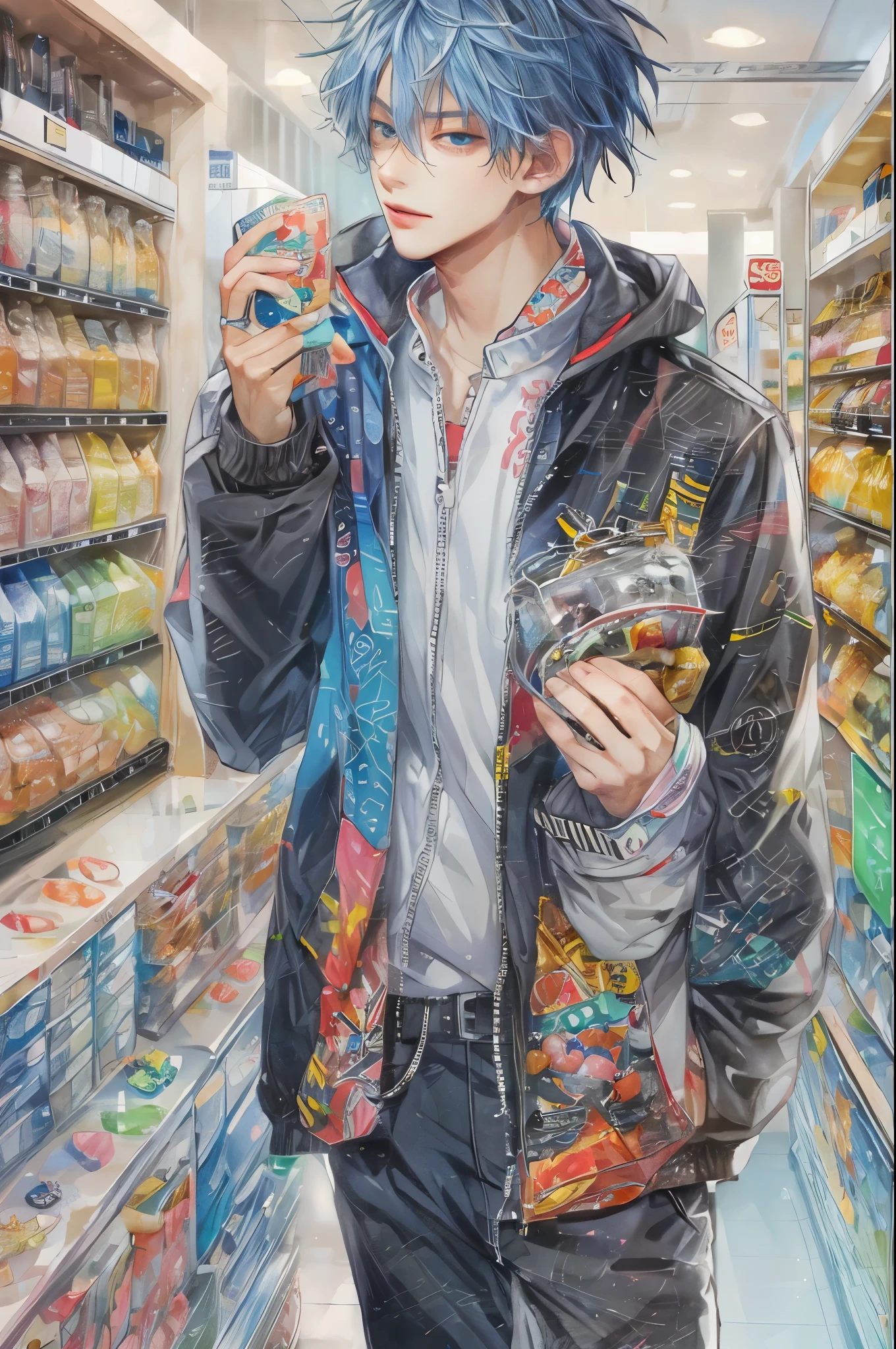 (masterpiece, top quality, best quality, official art, beautiful and aesthetic:1.2), boy, handsome, extreme detailed faces, character from anime kuroko's basketball, colorful, highest detailed, (perfect face), shiny skin, HDR, detailed surroundings, inside a shopping mall