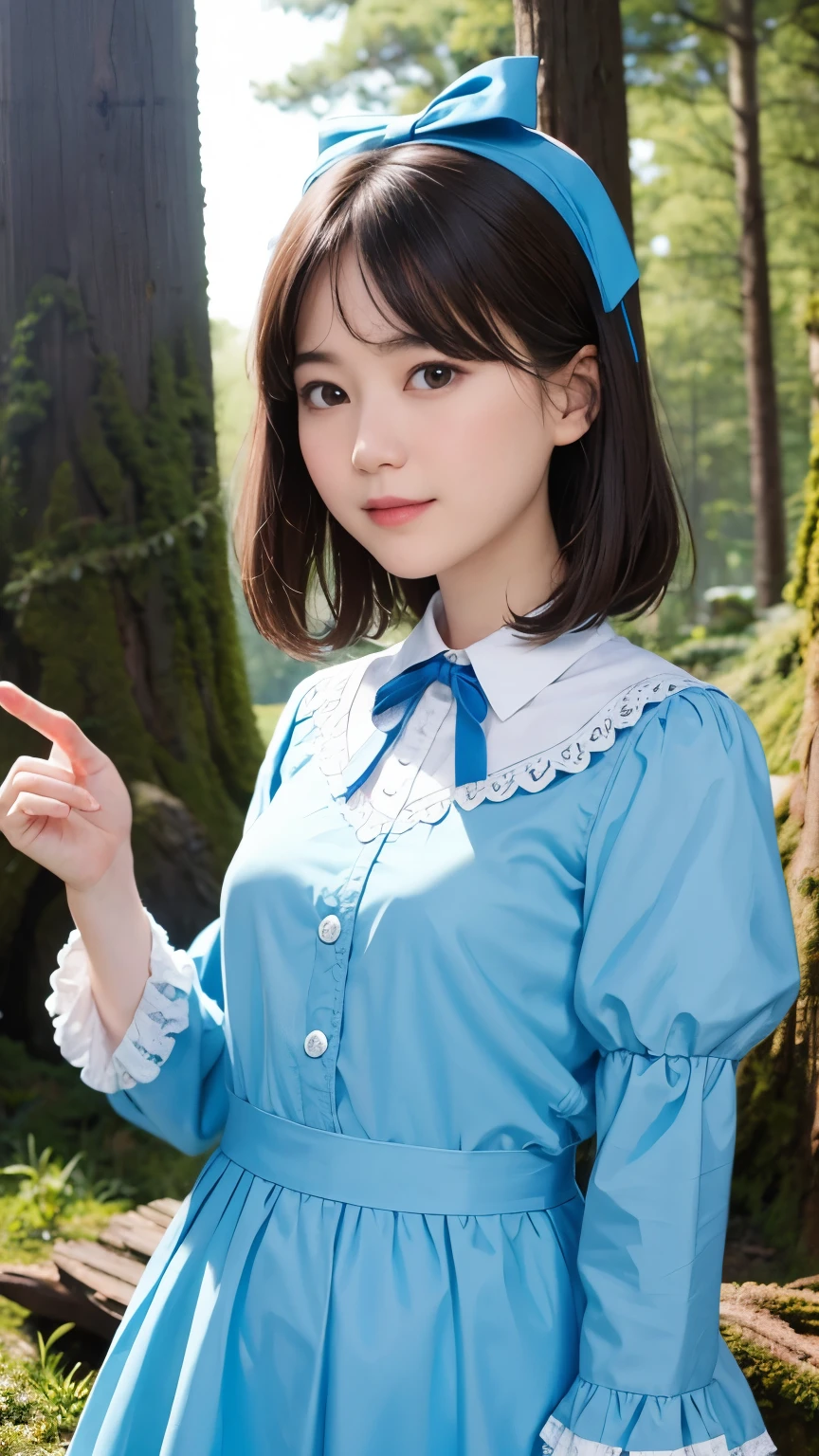 (alice in wonderland), 1-9-3, (He wears a large triangular ribbon on his head..), short hair, young woman, gentle smile, colorful clothes, (in the deep forest, There is a large stump, fractal pattern:1.46)
